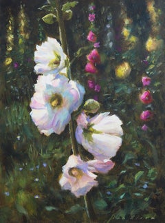 Hollyhocks - Peinture contemporaine du 21e siècle d'un paysage avec des fleurs