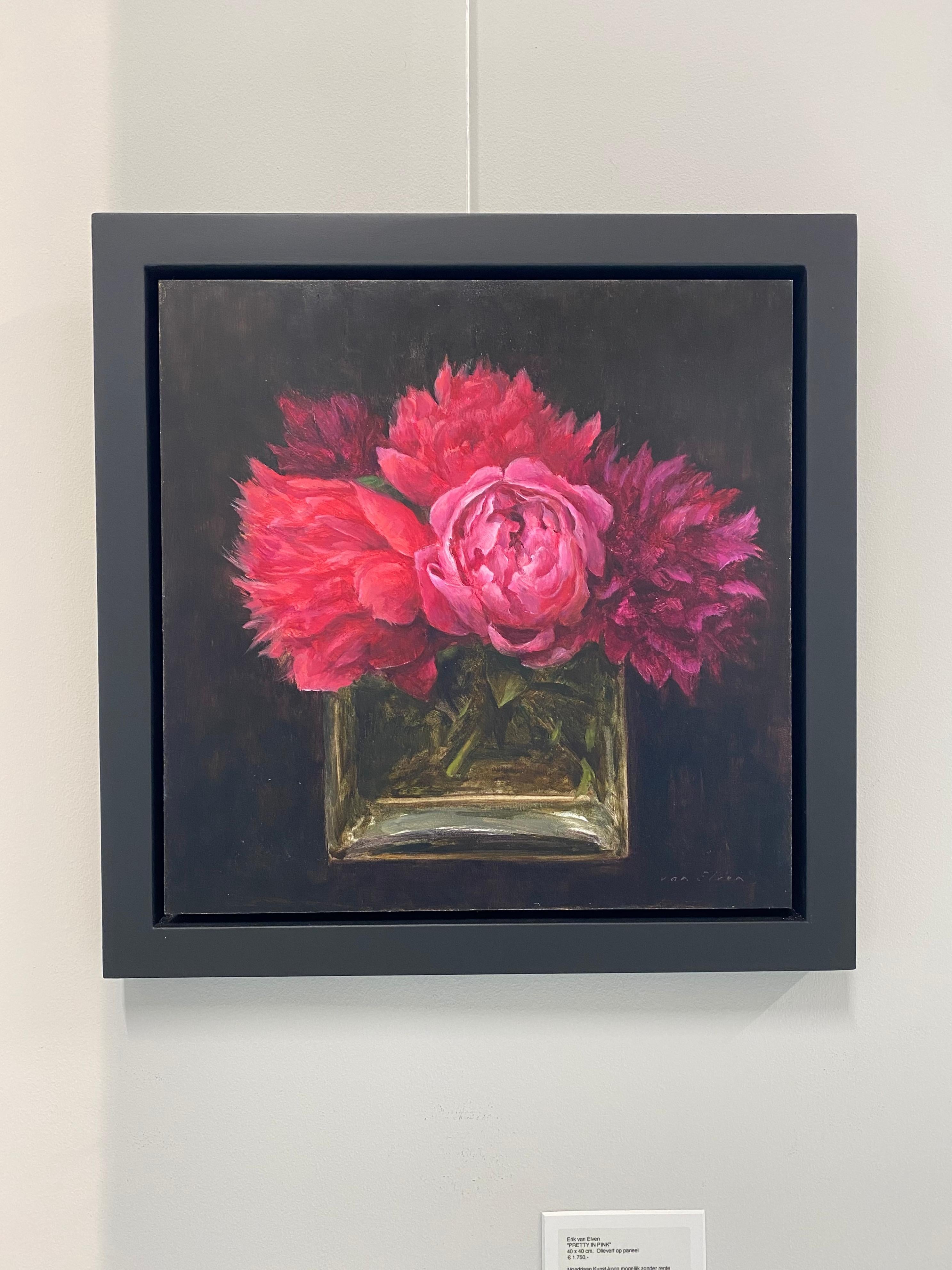 Pretty in Pink- 21st Century Still-life painting, Pink Peonies in a Square Vase - Painting by Erik van Elven
