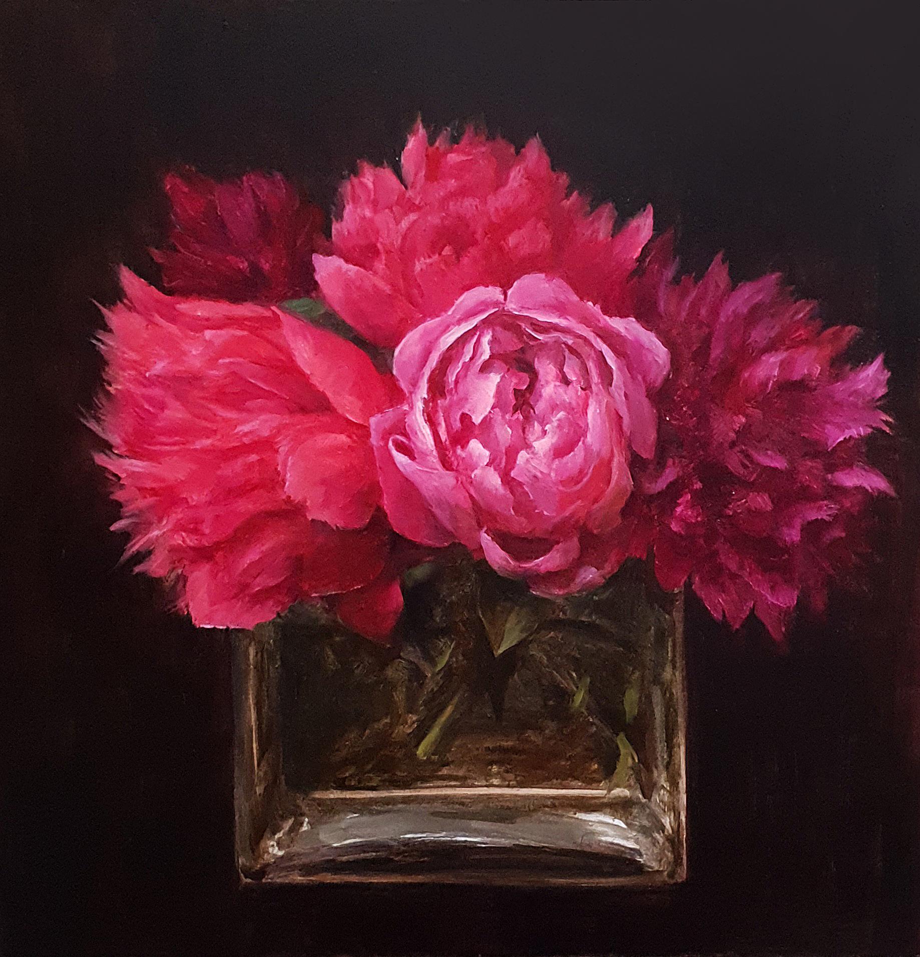 Erik van Elven Figurative Painting - Pretty in Pink- 21st Century Still-life painting, Pink Peonies in a Square Vase