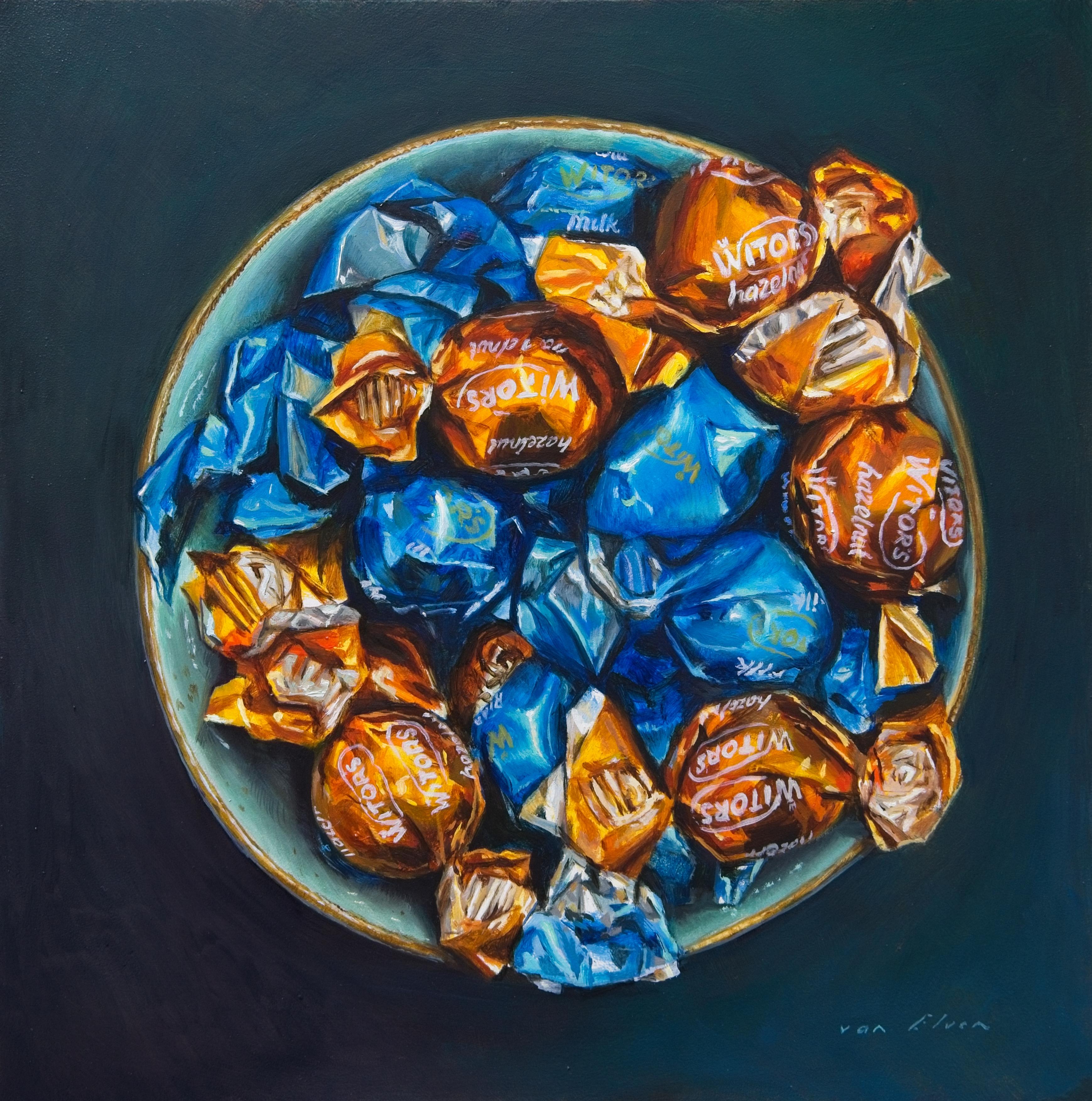 L'île de la tentation - Peinture de nature morte du 21e siècle représentant un bol avec des bonbons