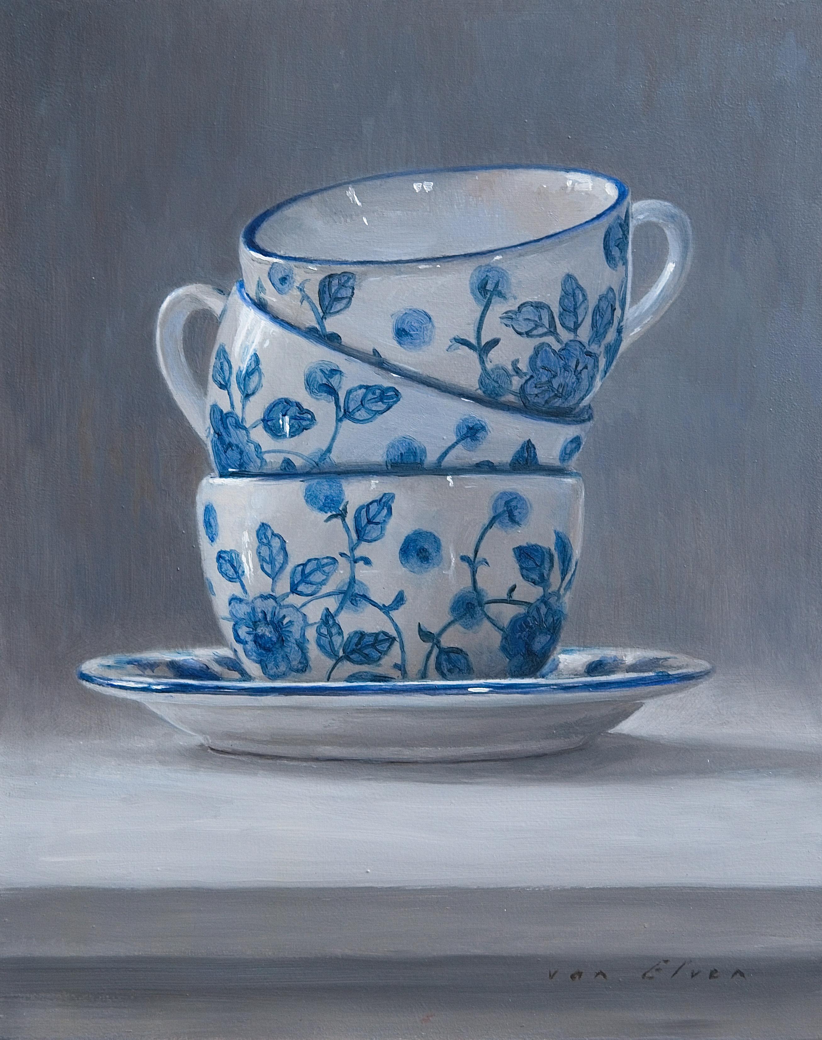 Erik van Elven Still-Life Painting - Three Times Tea - 21st Century Contemporary Still-life Painting of Tea Cups
