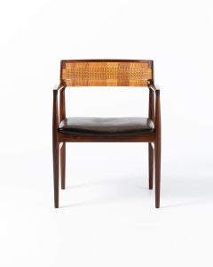 Erik Worts Sessel aus Rosenholz und Schilfrohr mit Ledersitz 1950er Jahre