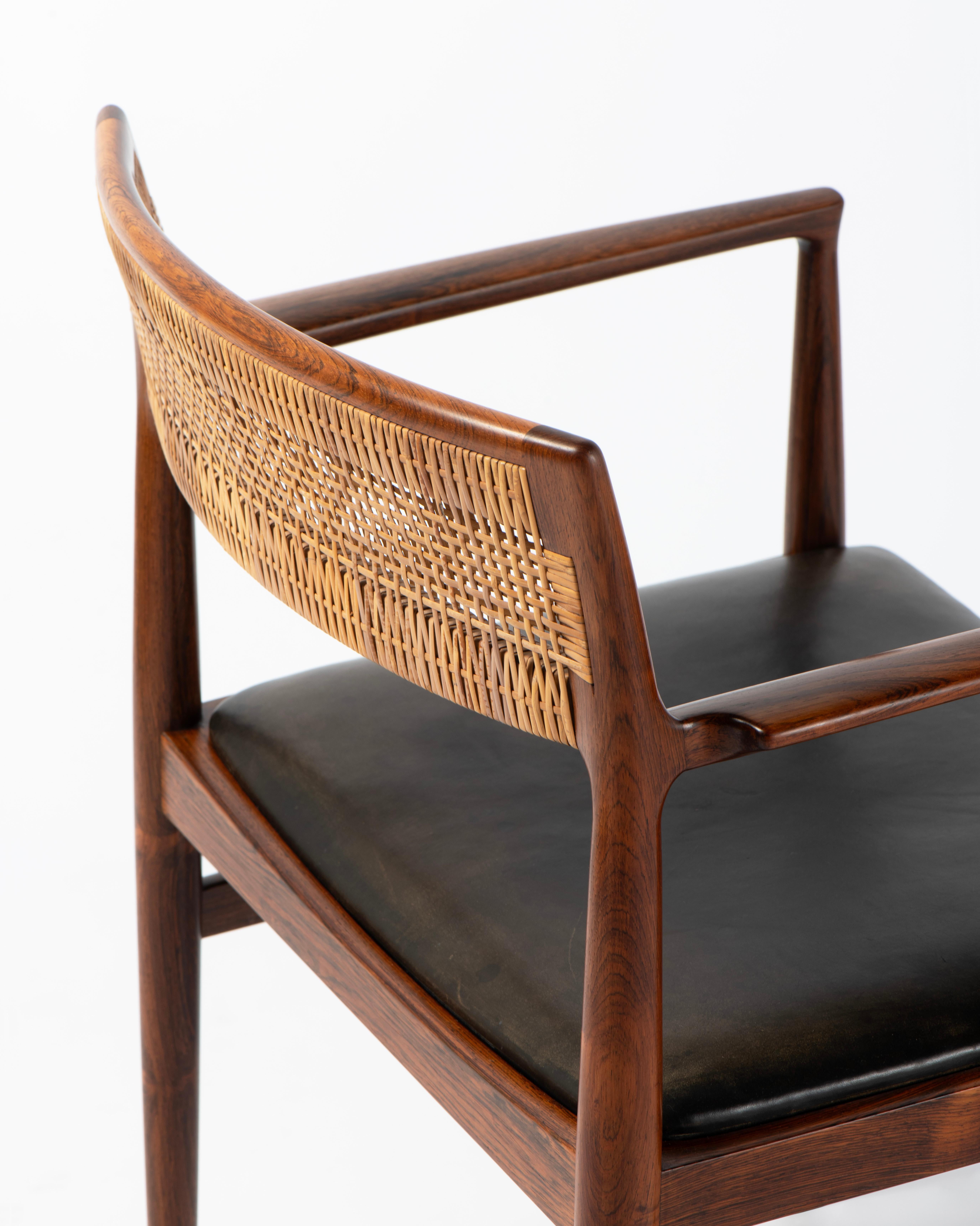 Scandinave moderne Erik Worts Rosewood & Cane Armchair with Leather Seat 1950s en vente