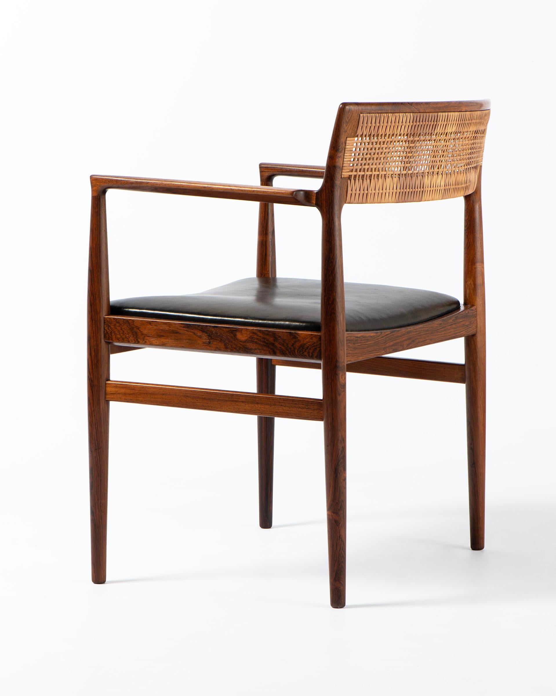 Danois Erik Worts Rosewood & Cane Armchair with Leather Seat 1950s en vente