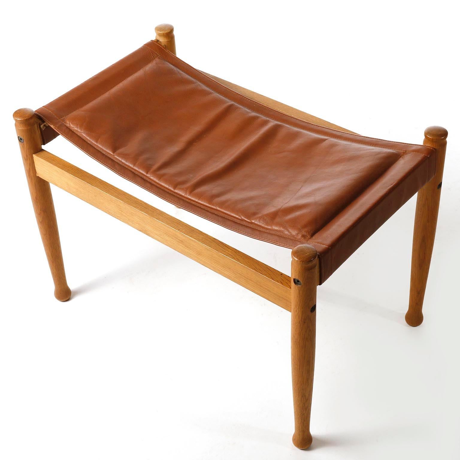 Scandinavian Modern Erik Worts Safari Chair Ottoman Cognac Leather for Niels Eilersen, Denmark, 1960