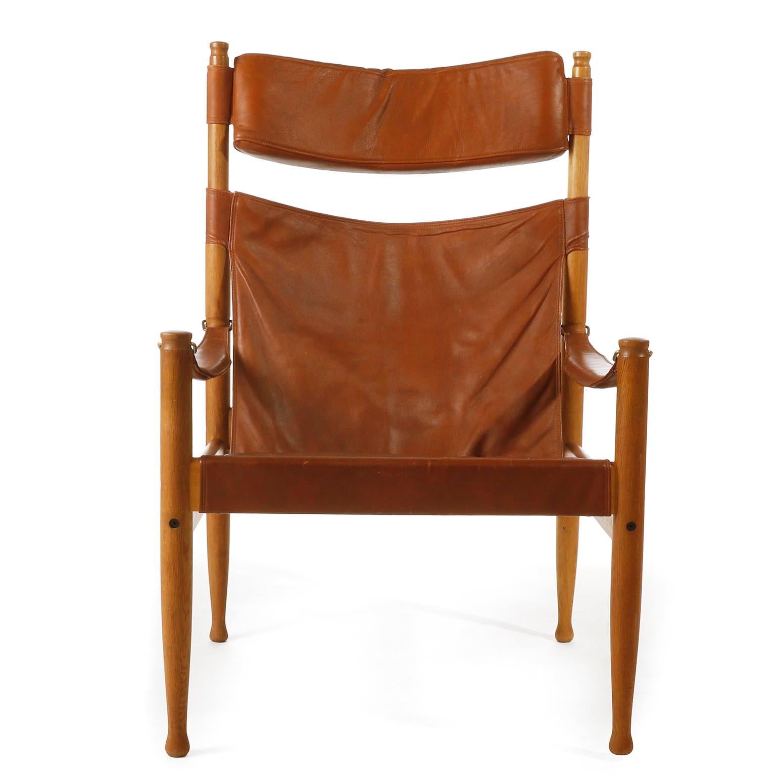 Danish Erik Worts Safari Chair Ottoman Cognac Leather for Niels Eilersen, Denmark, 1960