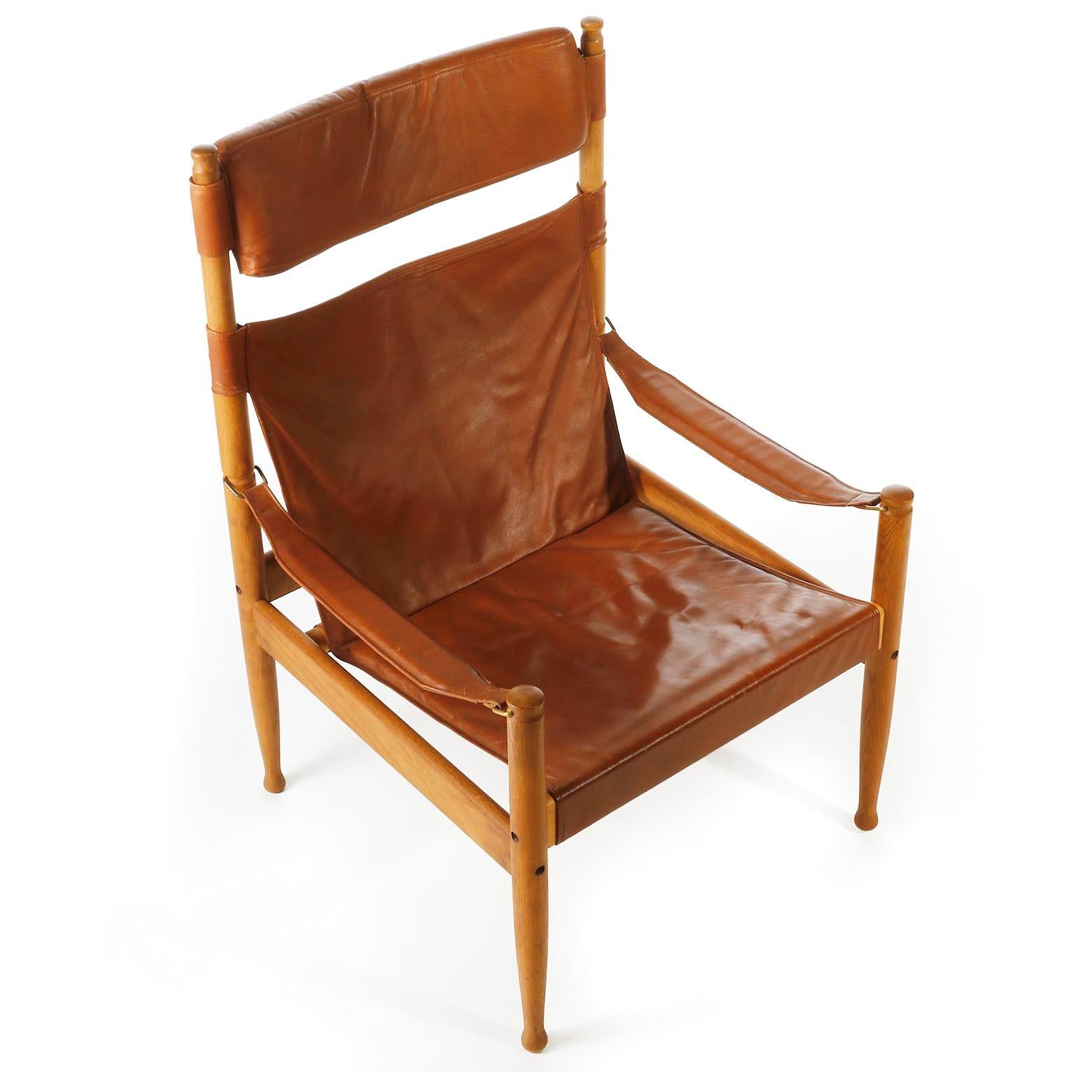 Mid-20th Century Erik Worts Safari Chair Ottoman Cognac Leather for Niels Eilersen, Denmark, 1960