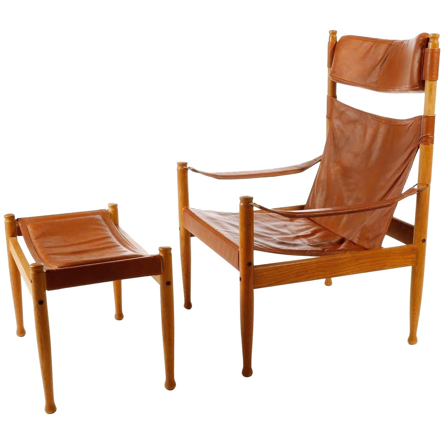Erik Worts Safari Chair Ottoman Cognac Leather for Niels Eilersen, Denmark, 1960