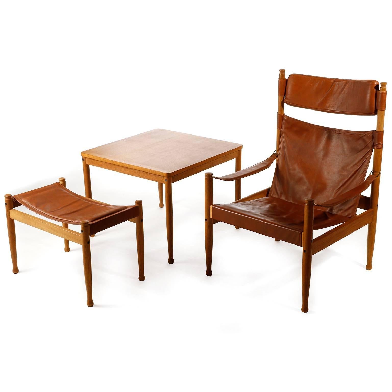 Erik Worts Safari Chair Ottoman Cognac Leather for Niels Eilersen, Denmark, 1960 3