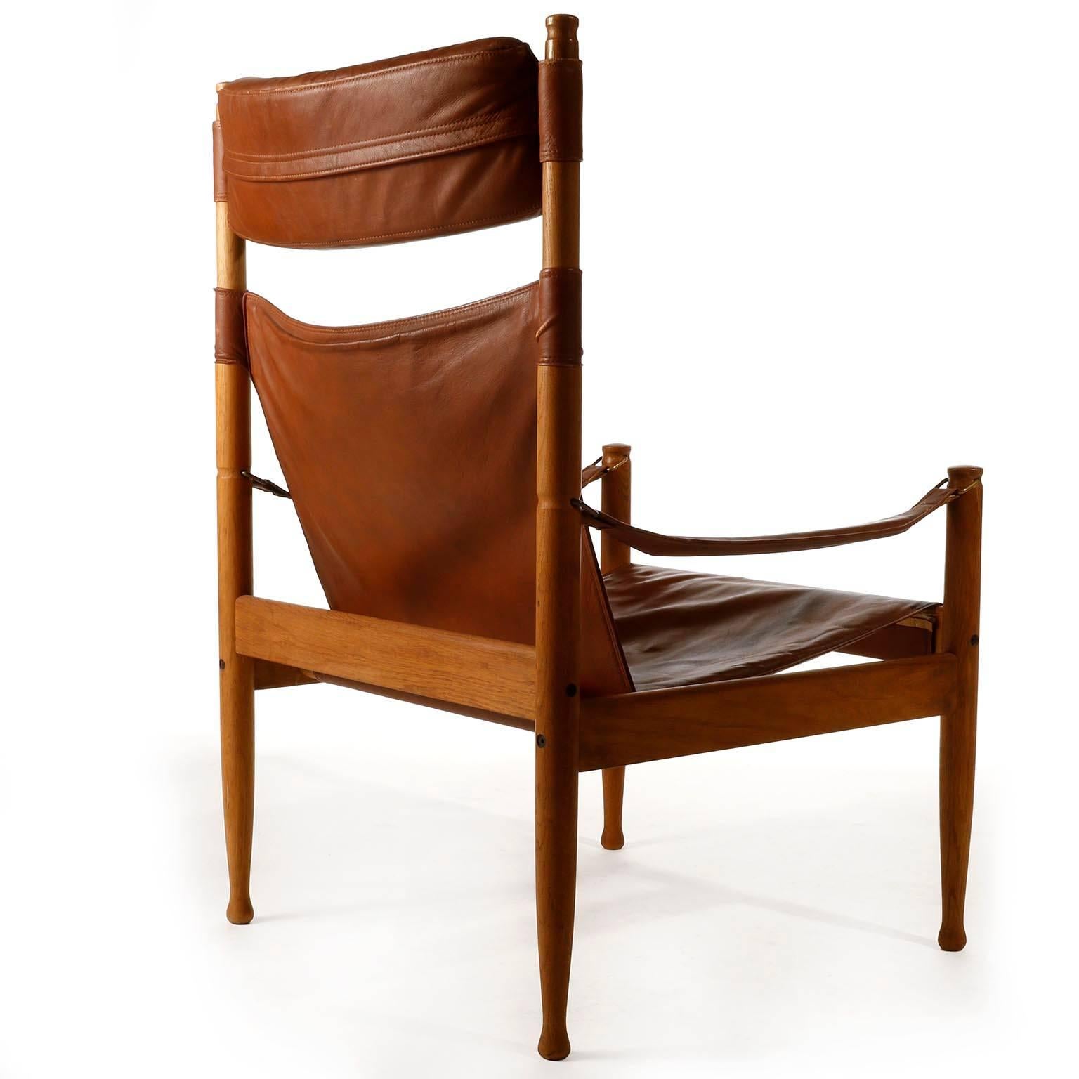 Danish Erik Worts Safari Chair Ottoman Cognac Leather for Niels Eilersen, Denmark, 1960