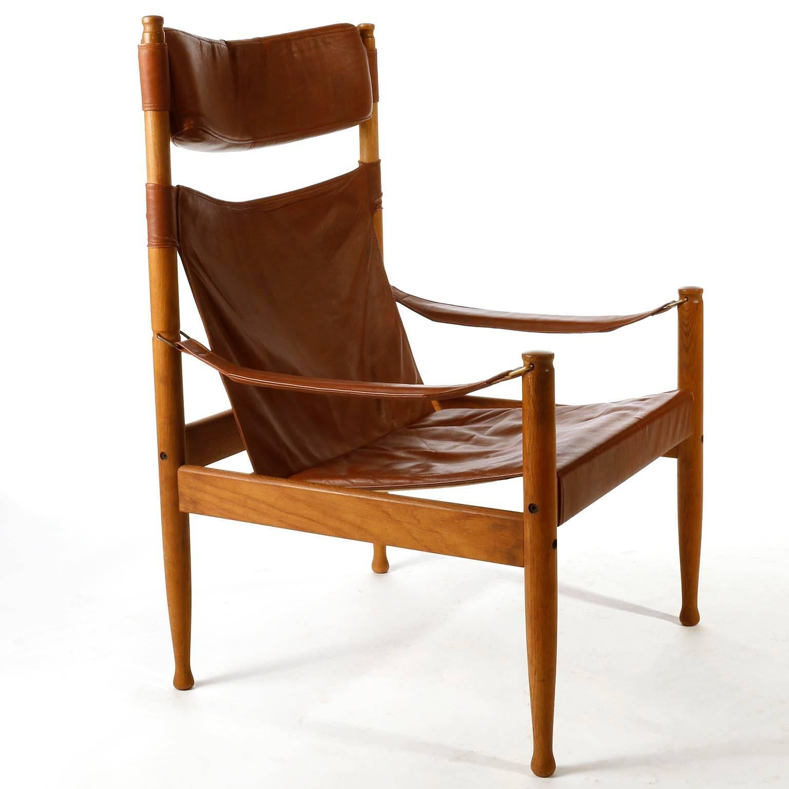 Mid-20th Century Erik Worts Safari Chair Ottoman Cognac Leather for Niels Eilersen, Denmark, 1960