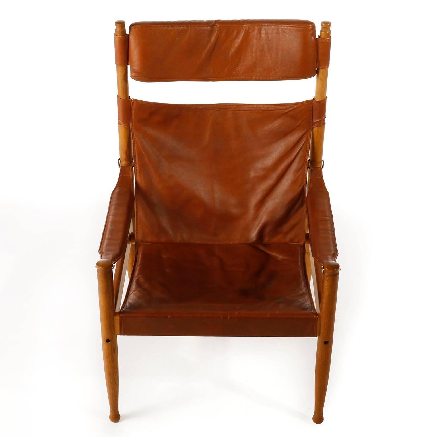 Erik Worts Safari Chair Ottoman Cognac Leather for Niels Eilersen, Denmark, 1960 3