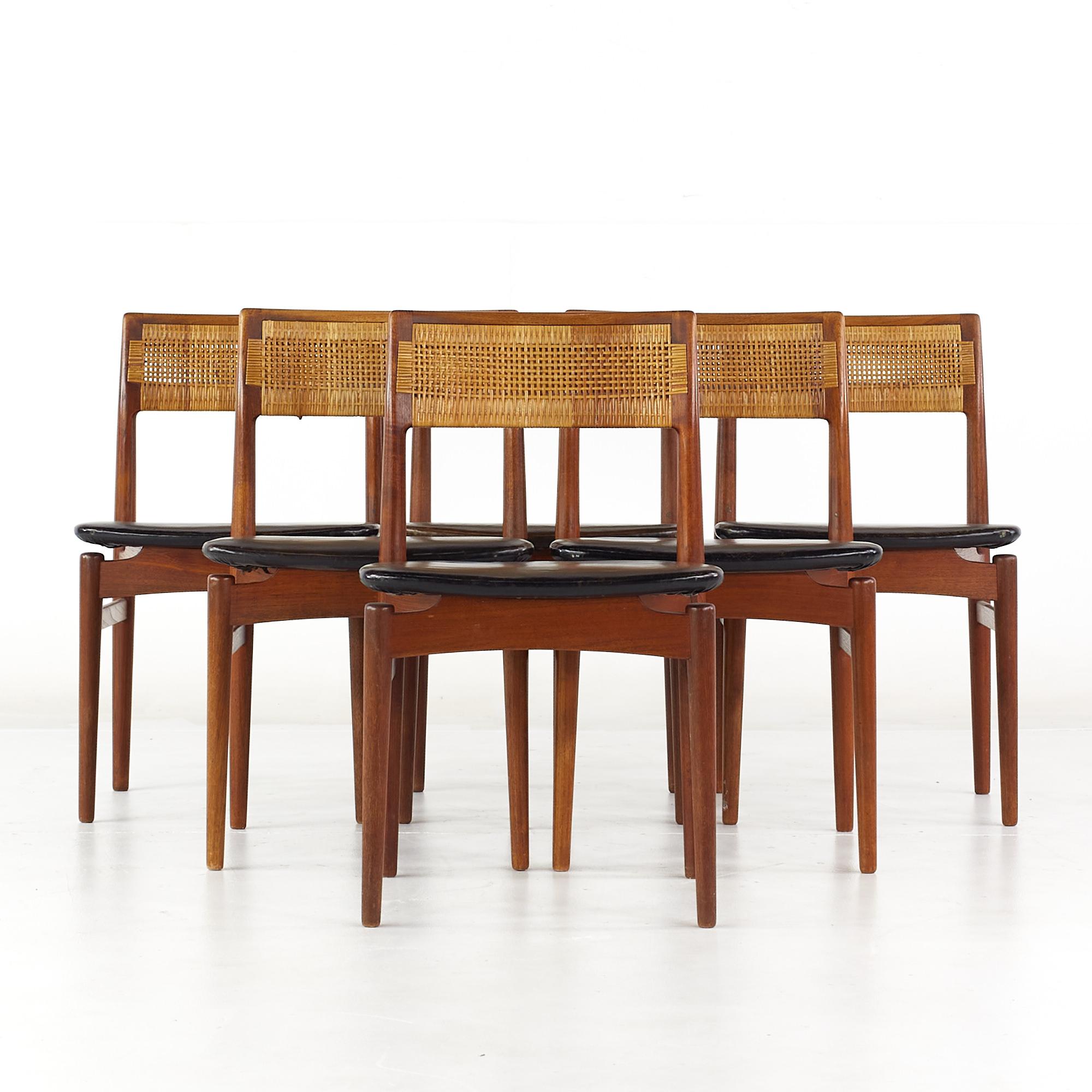 Erik Wørts Mid Century Danish Teak and Cane Dining Chairs - Set of 6

Each chair measures: 18 wide x 16.5 deep x 30.25 inches high, with a seat height/chair clearance of 17.5 inches

All pieces of furniture can be had in what we call restored