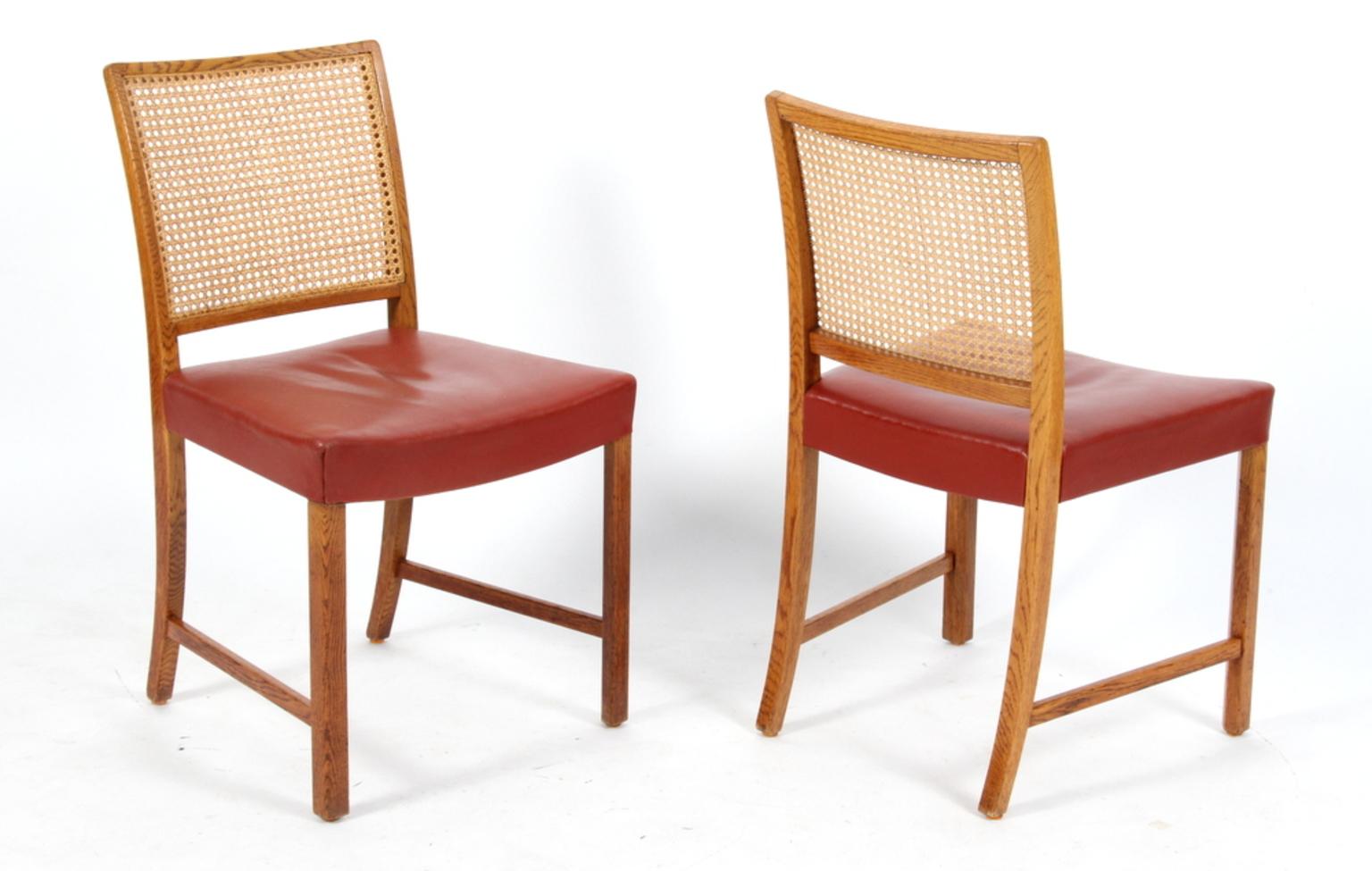 Danish Erik Wørts Nine Dining Chairs, Oak, Cane, Red Leather, 1950s
