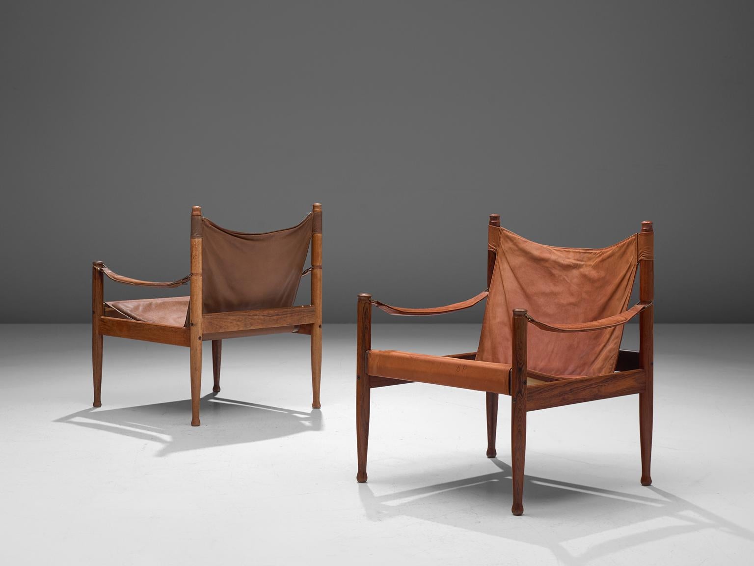 Scandinavian Modern Erik Wørts Safari Chairs in Cognac Leather, 1960s