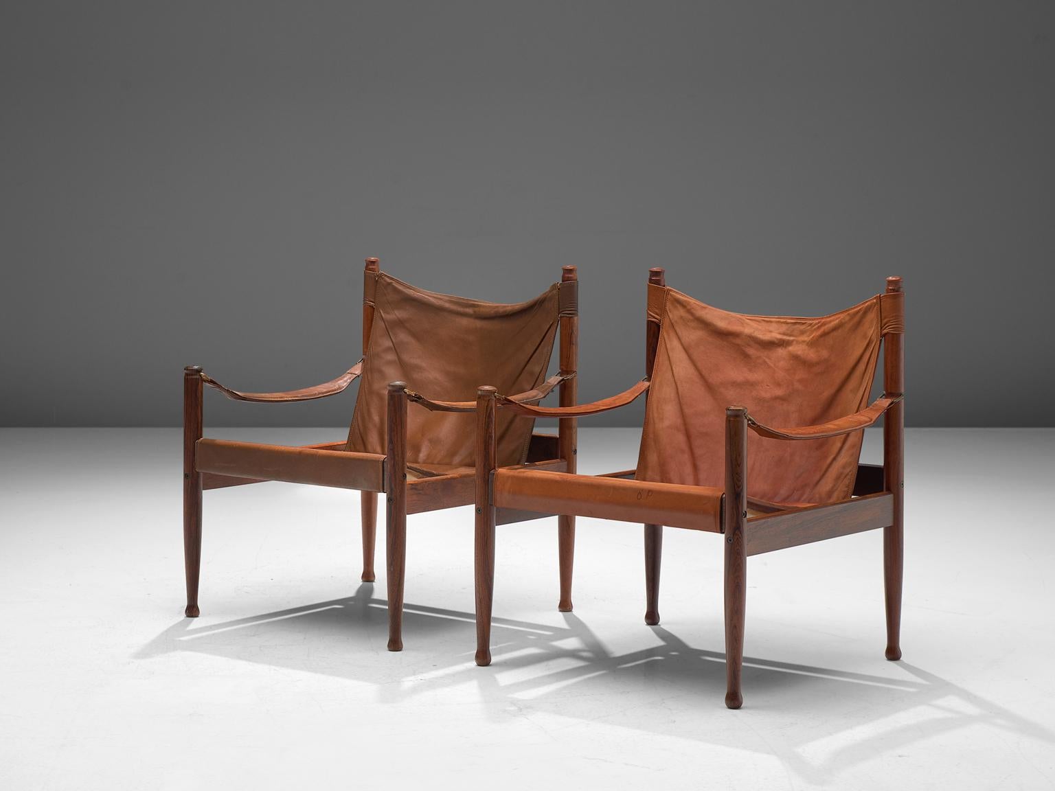 Danish Erik Wørts Safari Chairs in Cognac Leather, 1960s