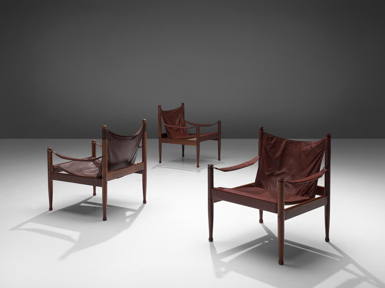 Scandinavian Modern Erik Wørts Safari Chairs in Dark Brown Leather, 1960s