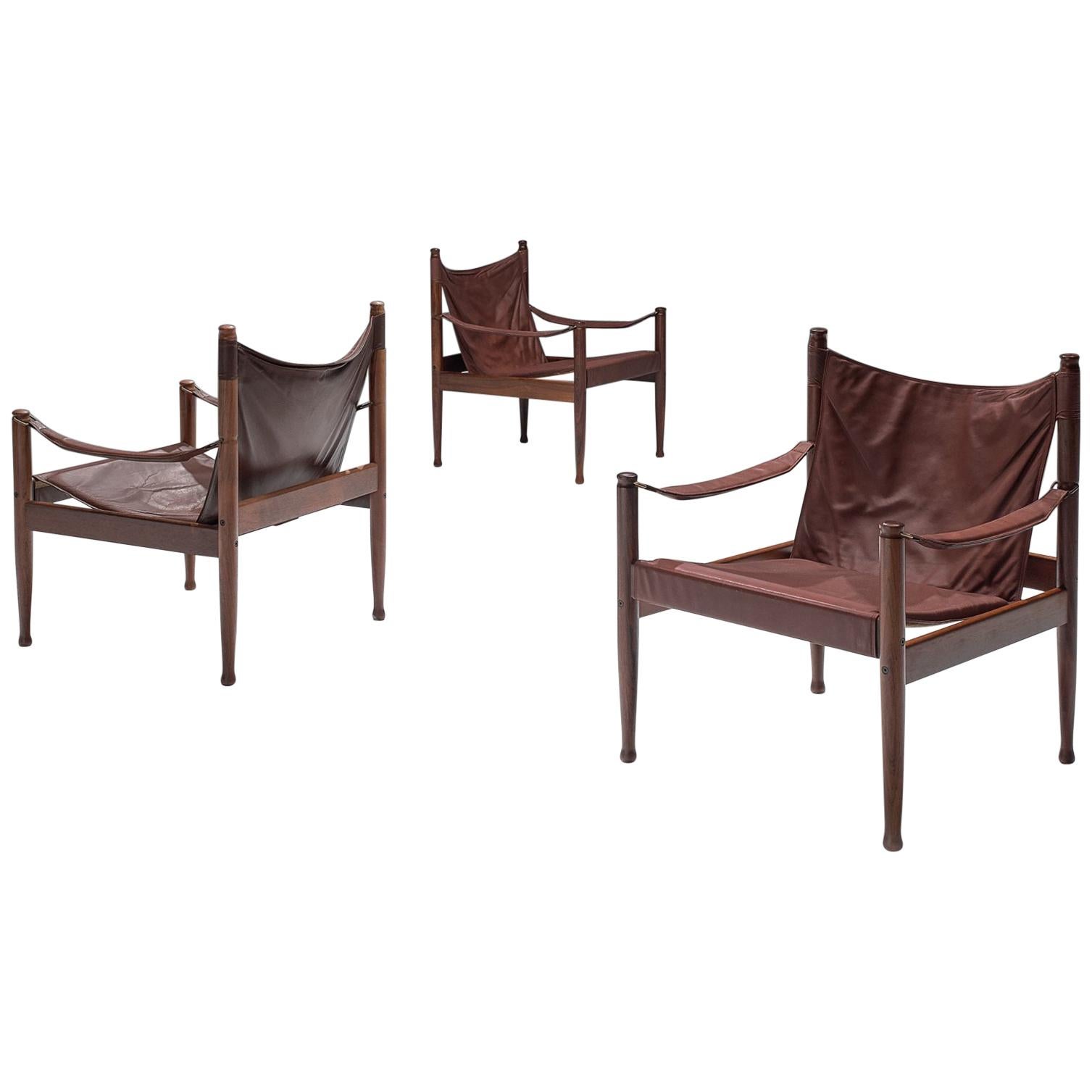 Erik Wørts Safari Chairs in Dark Brown Leather, 1960s