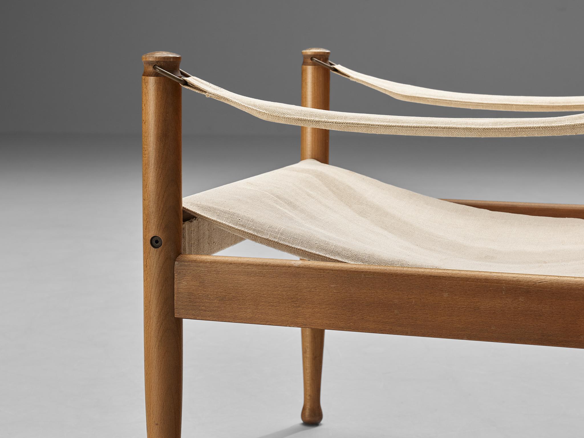 Scandinavian Modern Erik Wørts Safari Lounge Chair in Off-White Canvas and Wood