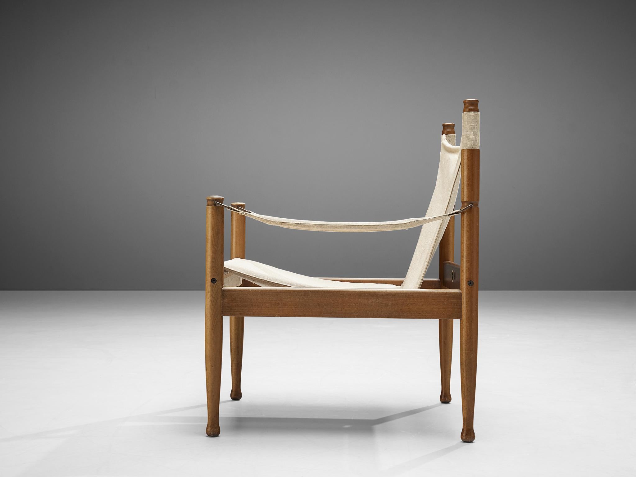 Mid-20th Century Erik Wørts Safari Lounge Chair in Off-White Canvas and Wood