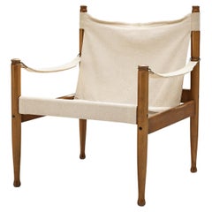 Erik Wørts Safari Lounge Chair in Off-White Canvas and Wood