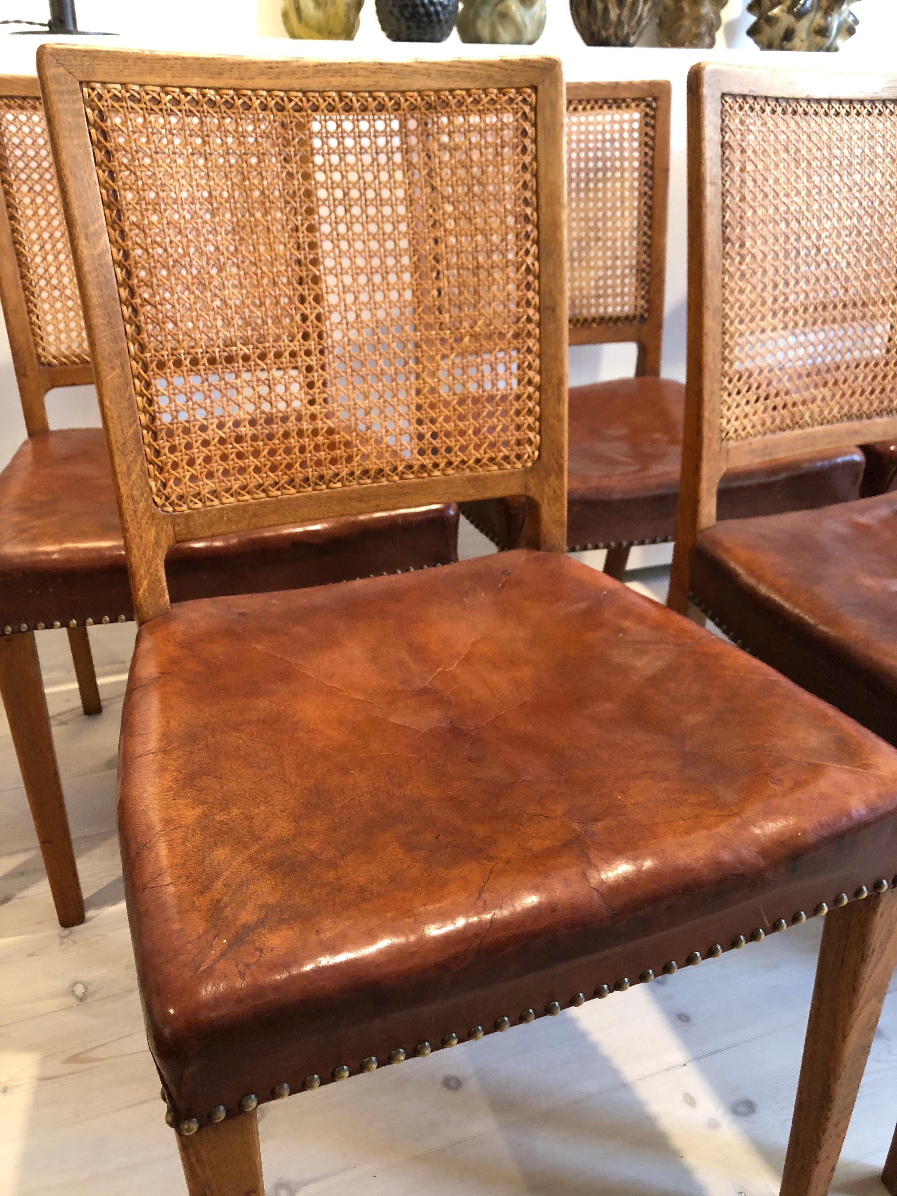 Erik Wørts Set of 12 Dining Chairs in Oak, Cane and Niger Leather, 1945 6