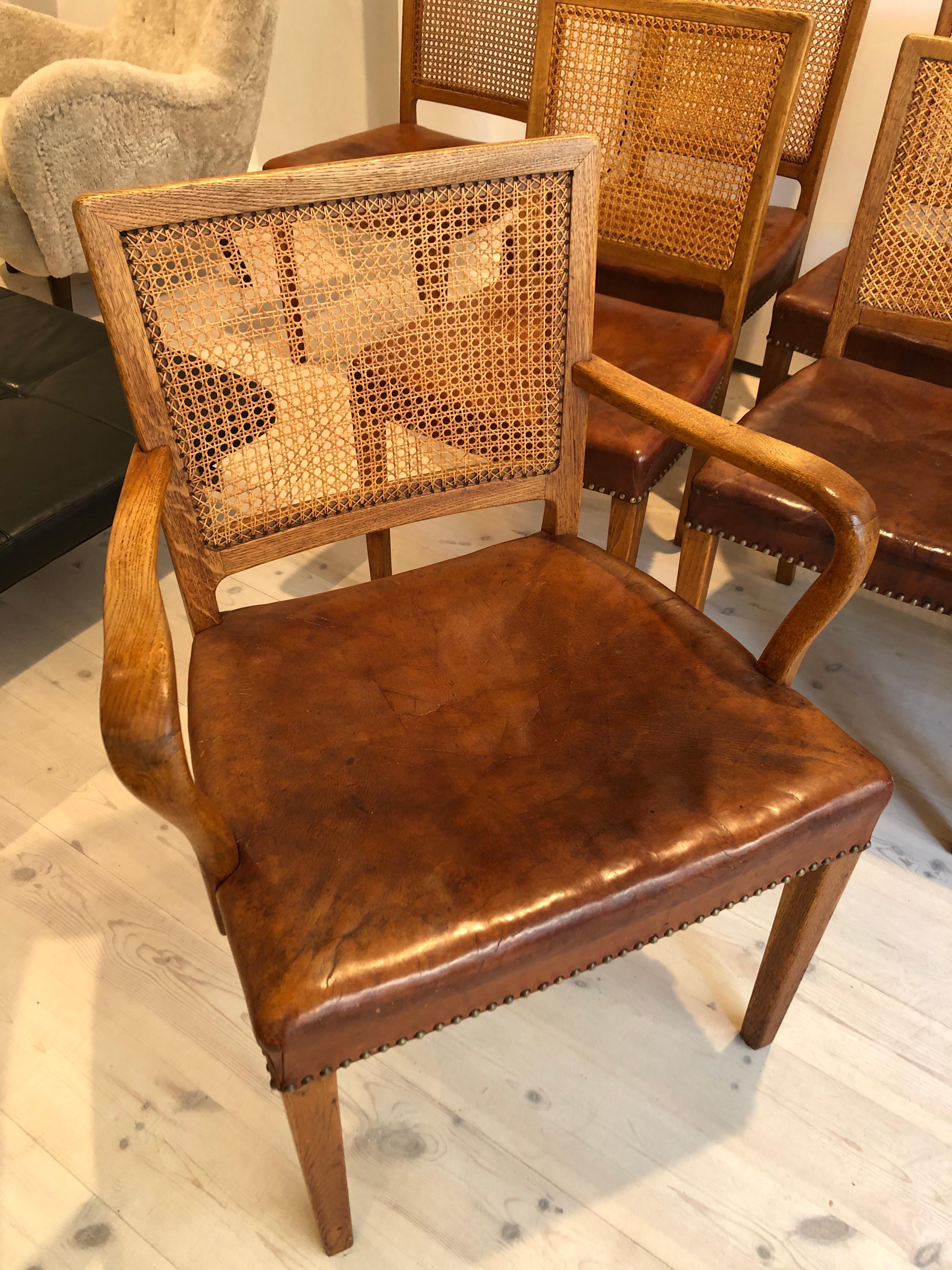 Erik Wørts Set of 12 Dining Chairs in Oak, Cane and Niger Leather, 1945 7