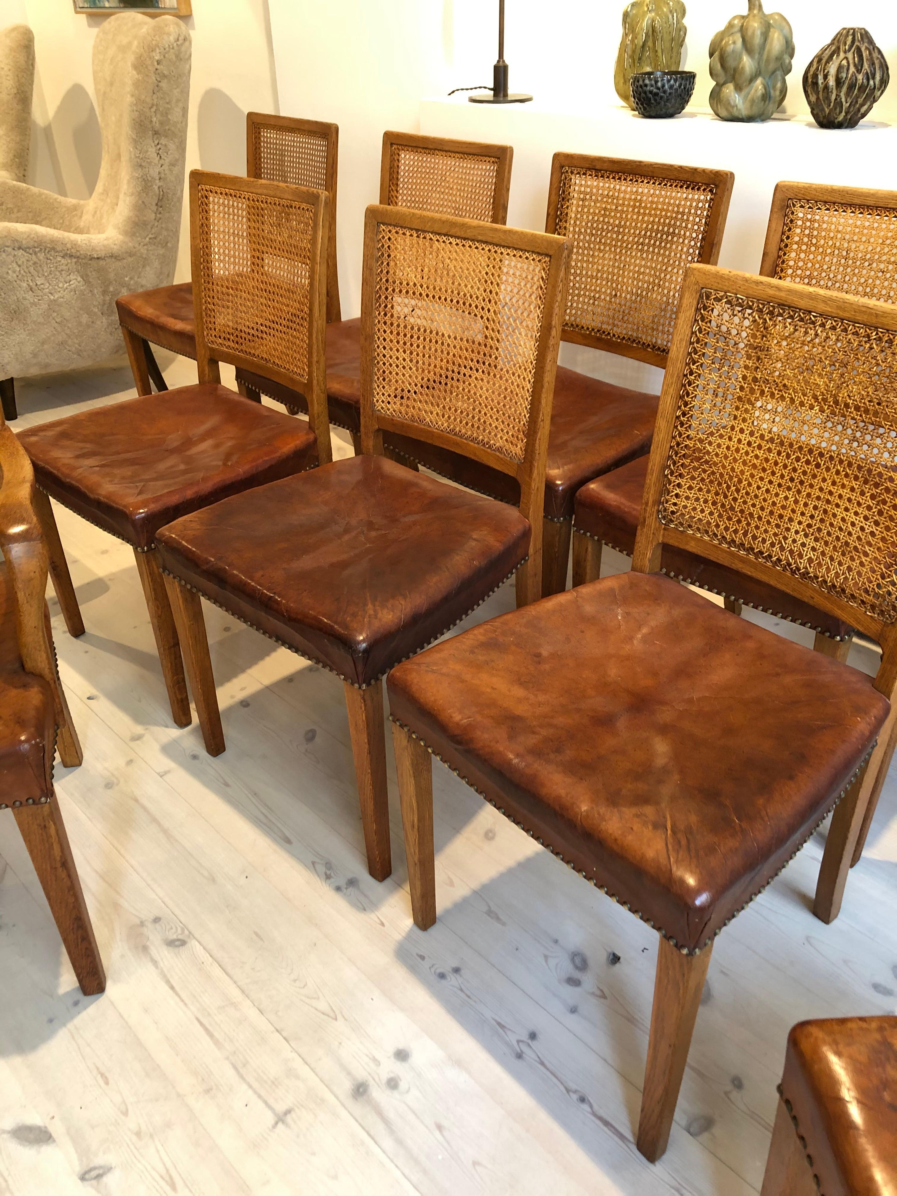 Erik Wørts Set of 12 Dining Chairs in Oak, Cane and Niger Leather, 1945 8