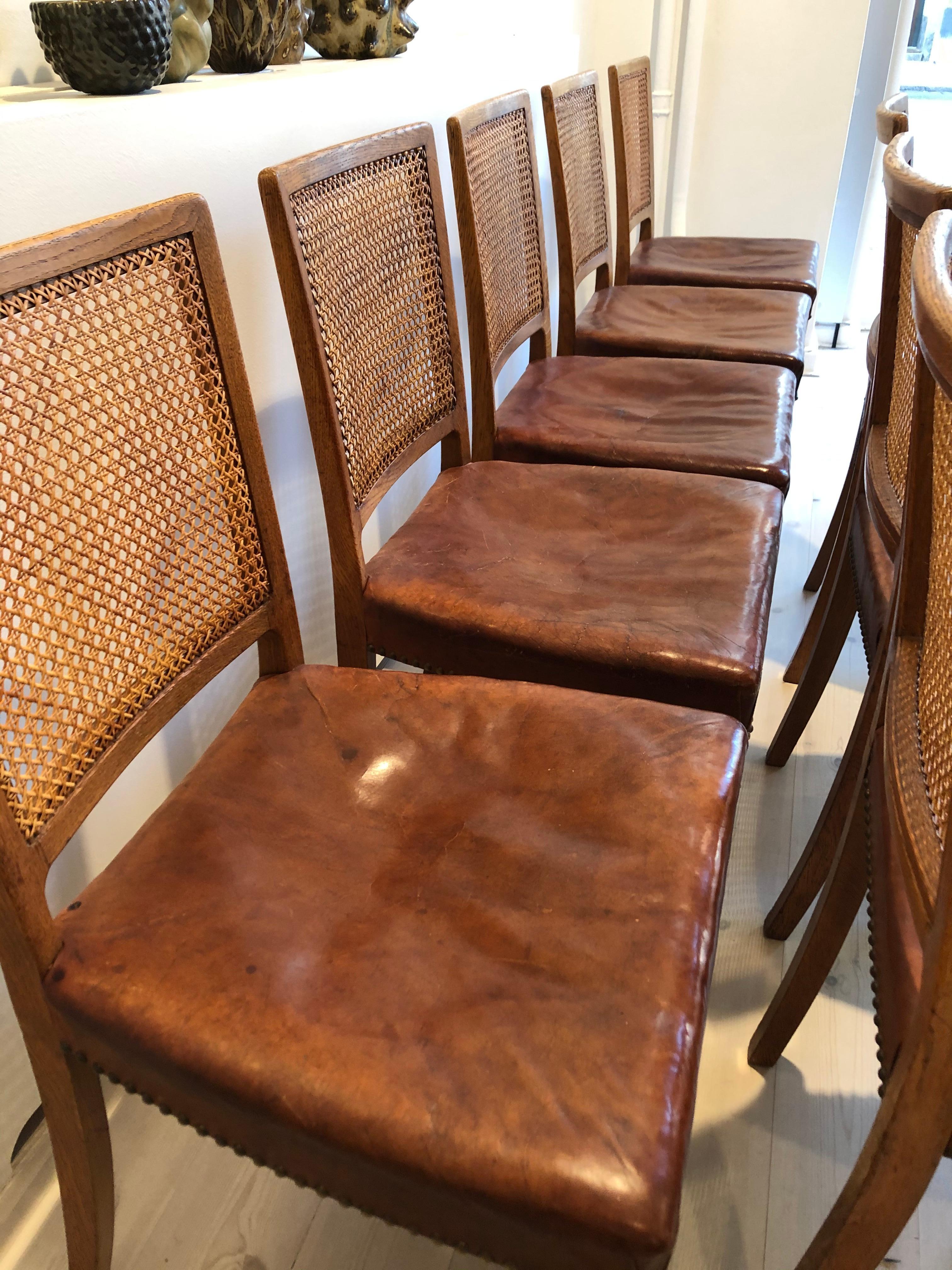 Erik Wørts Set of 12 Dining Chairs in Oak, Cane and Niger Leather, 1945 11