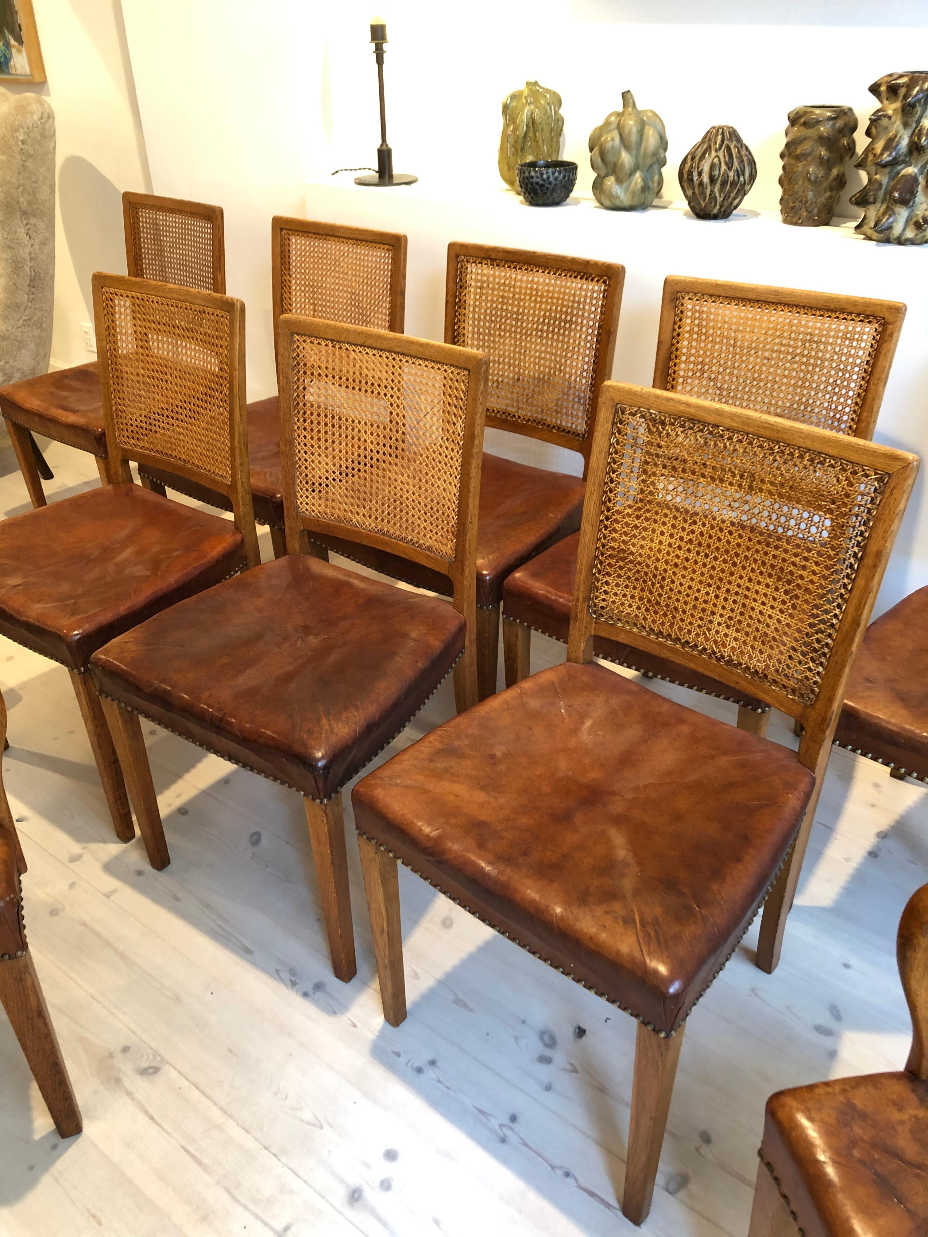 Erik Wørts Set of 12 Dining Chairs in Oak, Cane and Niger Leather, 1945 12