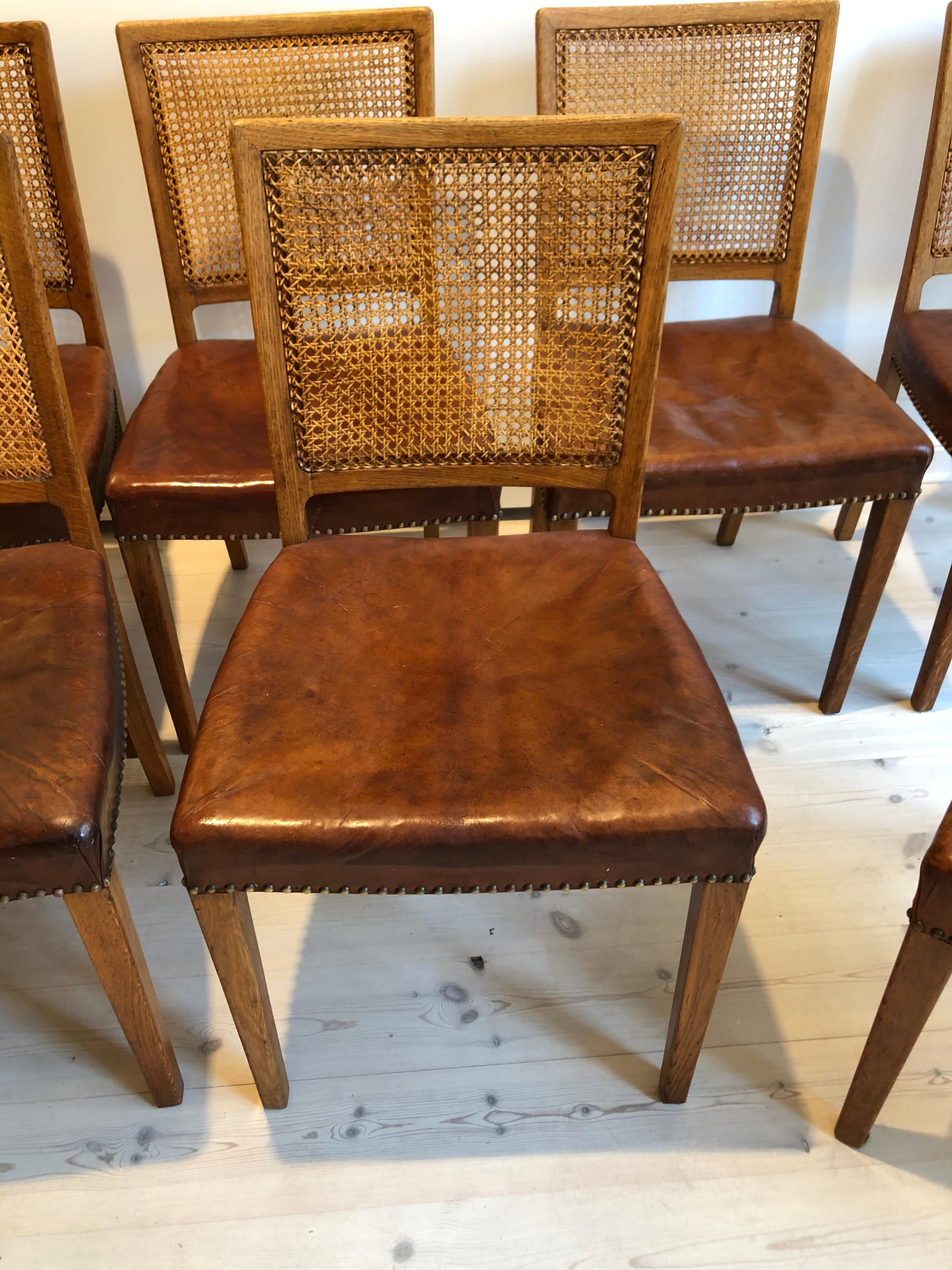Erik Wørts Set of 12 Dining Chairs in Oak, Cane and Niger Leather, 1945 13