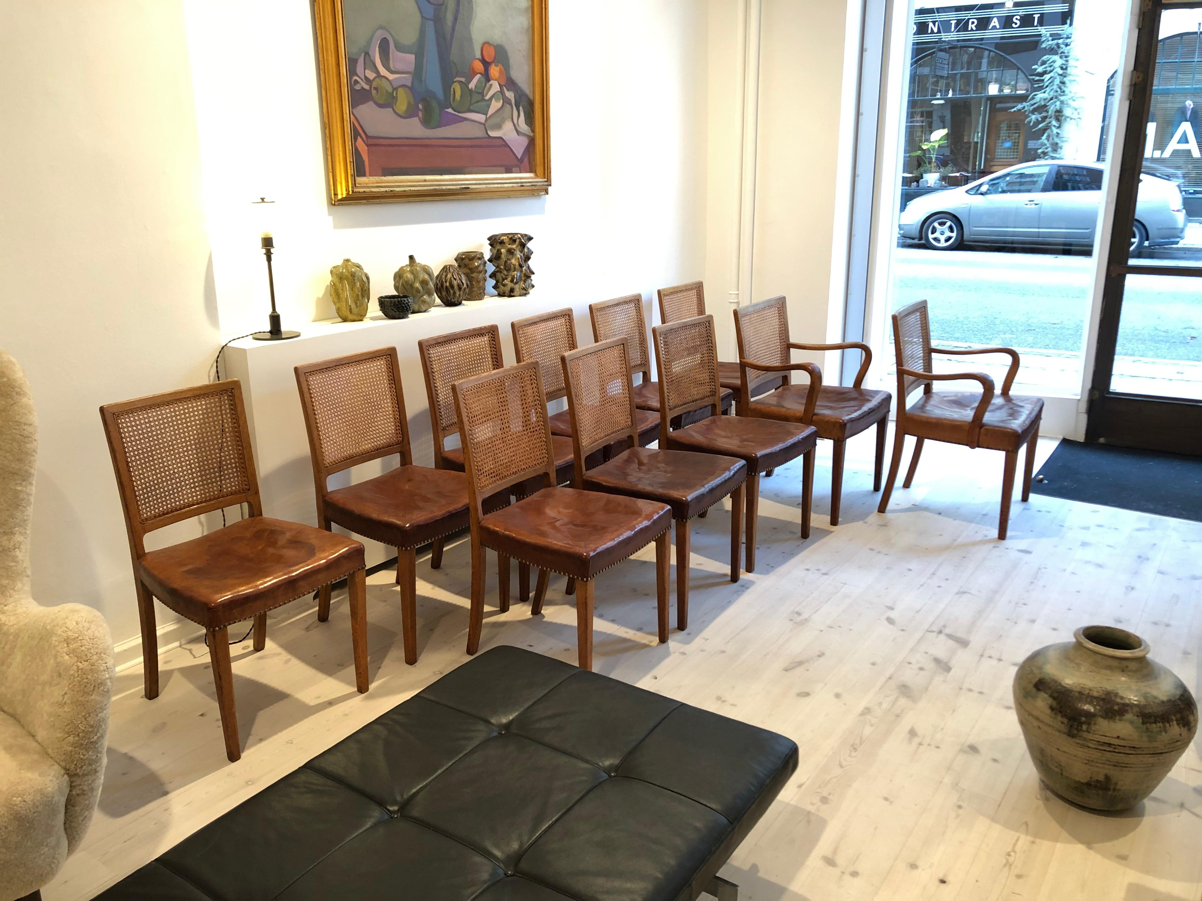 Erik Wørts Set of 12 Dining Chairs in Oak, Cane and Niger Leather, 1945 14