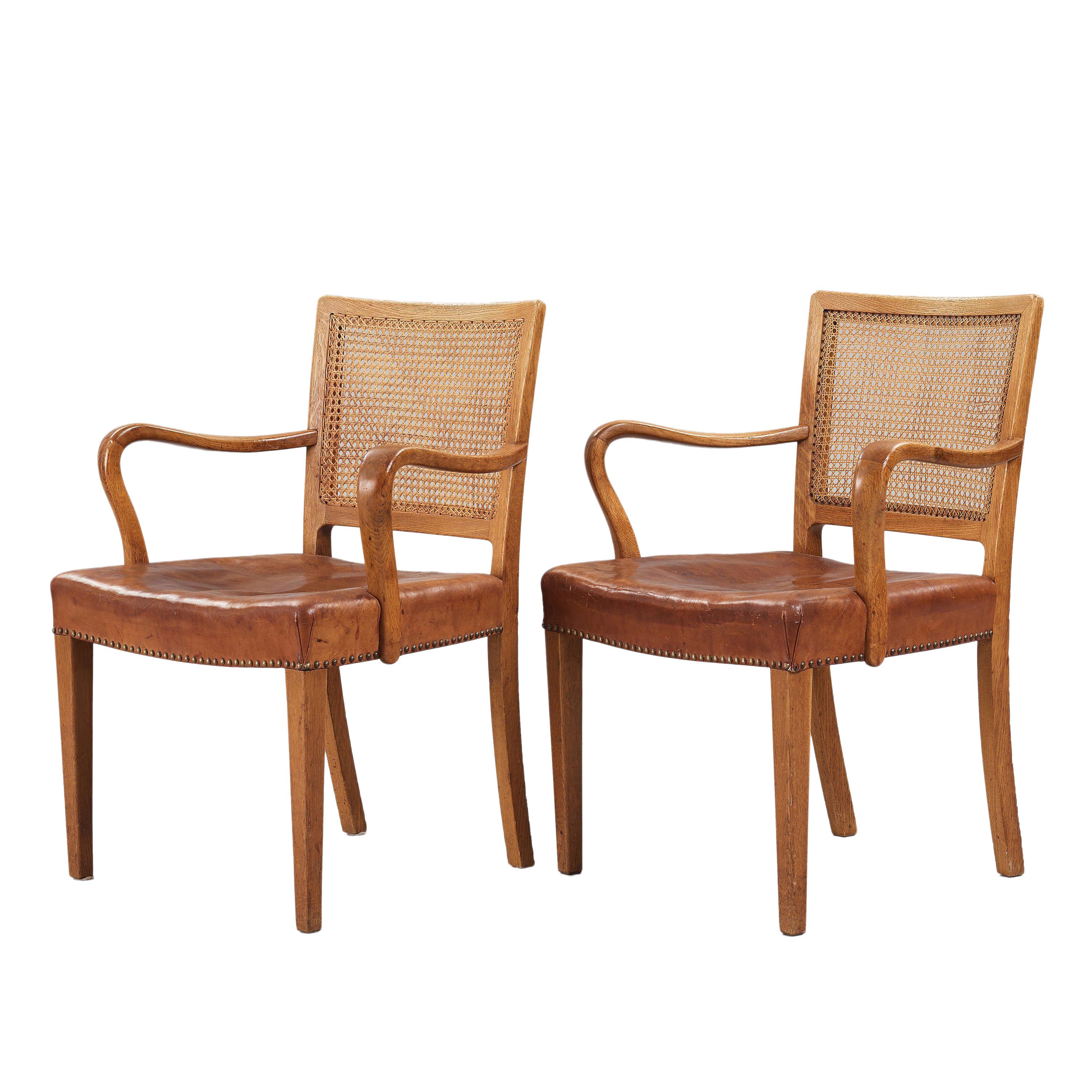 Scandinavian Modern Erik Wørts Set of 12 Dining Chairs in Oak, Cane and Niger Leather, 1945