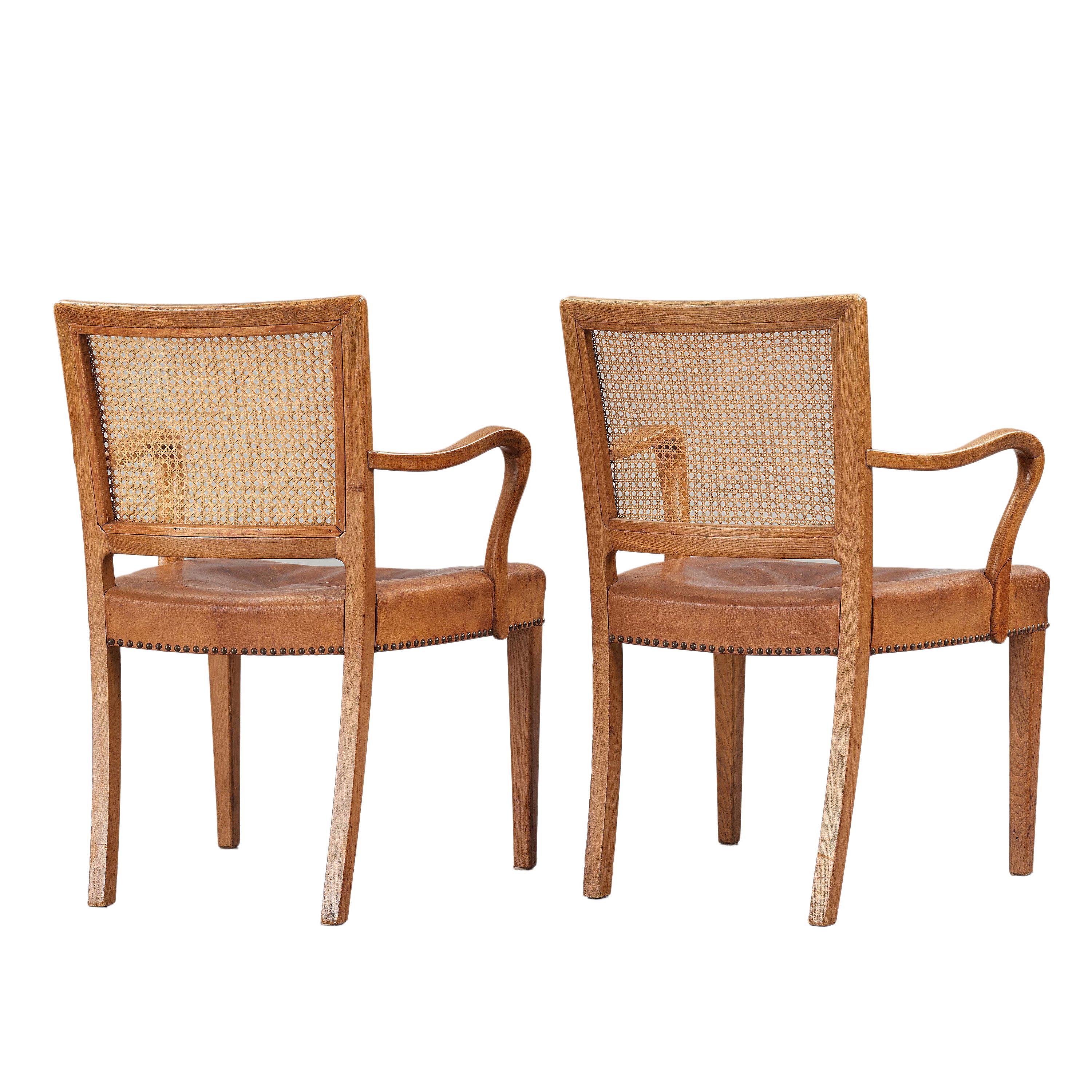 Danish Erik Wørts Set of 12 Dining Chairs in Oak, Cane and Niger Leather, 1945