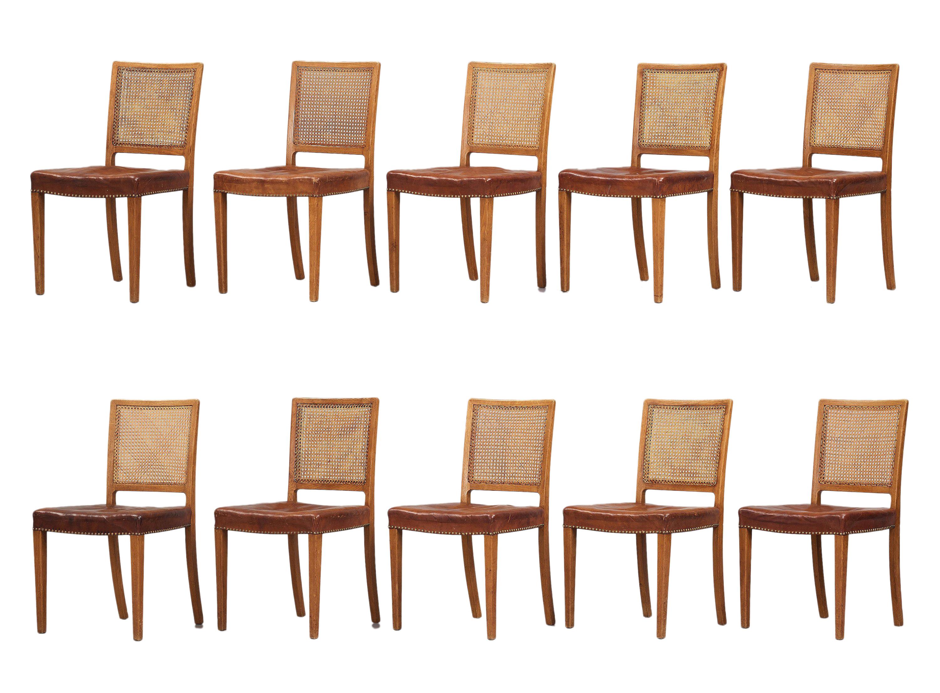 Erik Wørts Set of 12 Dining Chairs in Oak, Cane and Niger Leather, 1945 In Good Condition In Copenhagen, DK