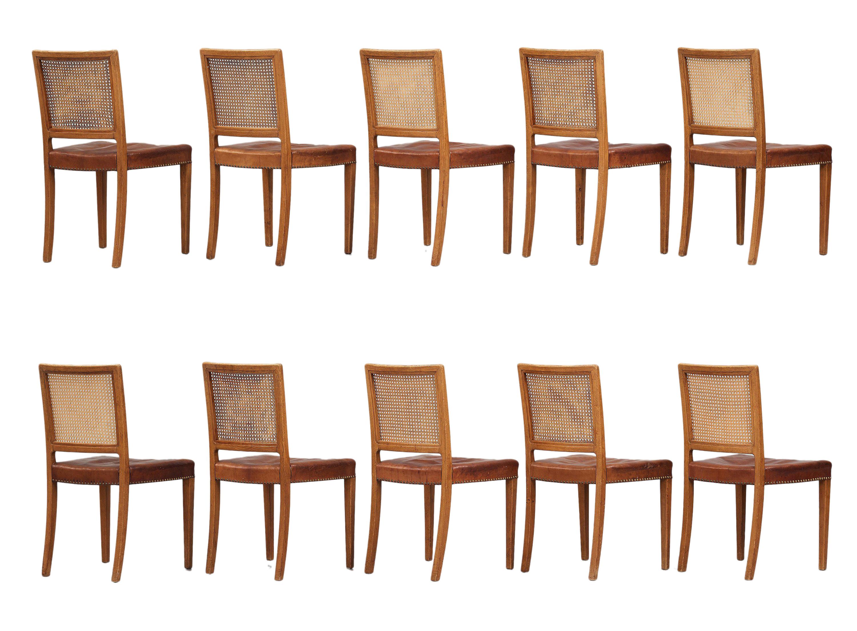 Mid-20th Century Erik Wørts Set of 12 Dining Chairs in Oak, Cane and Niger Leather, 1945