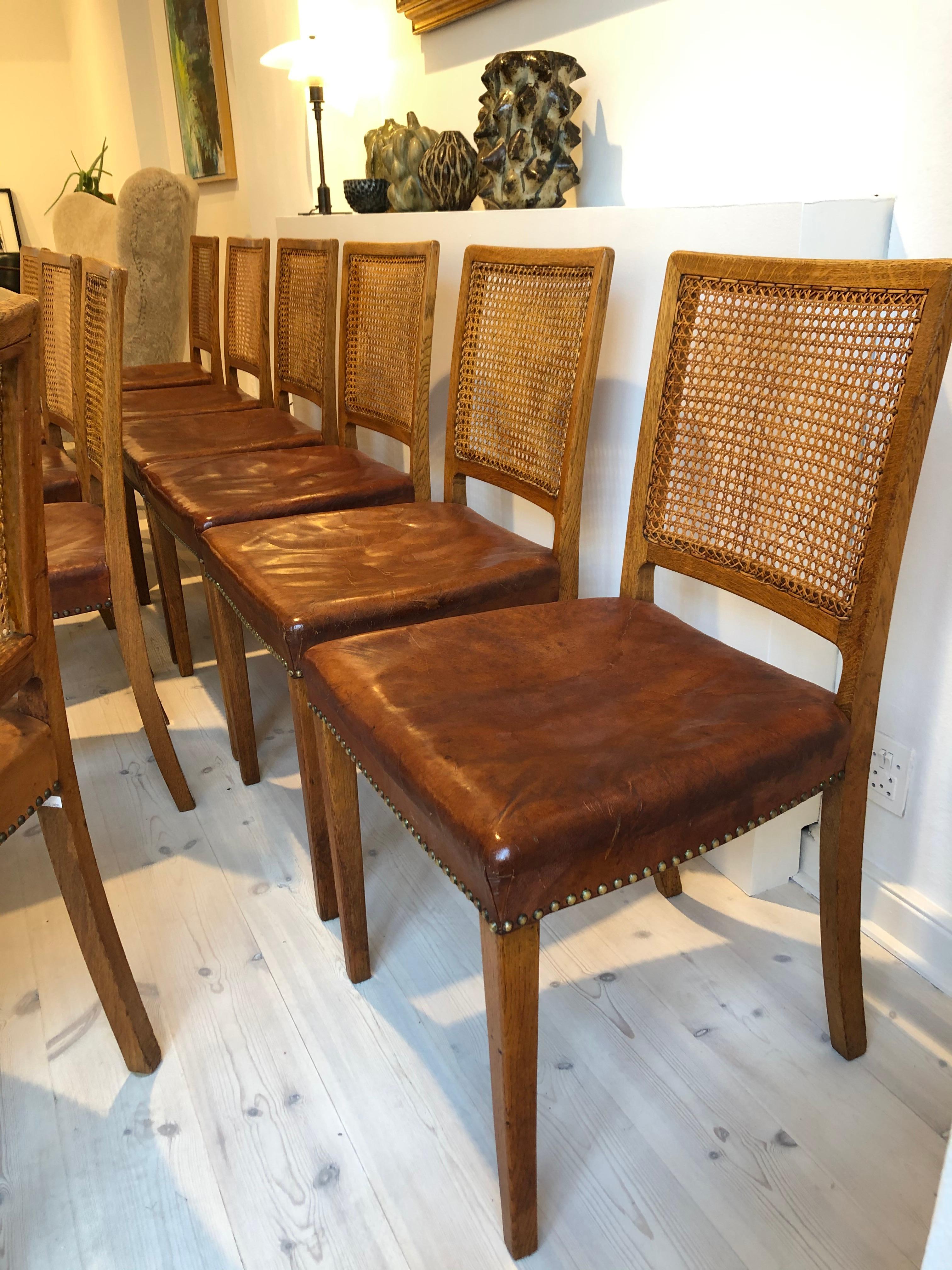 Erik Wørts Set of 12 Dining Chairs in Oak, Cane and Niger Leather, 1945 3