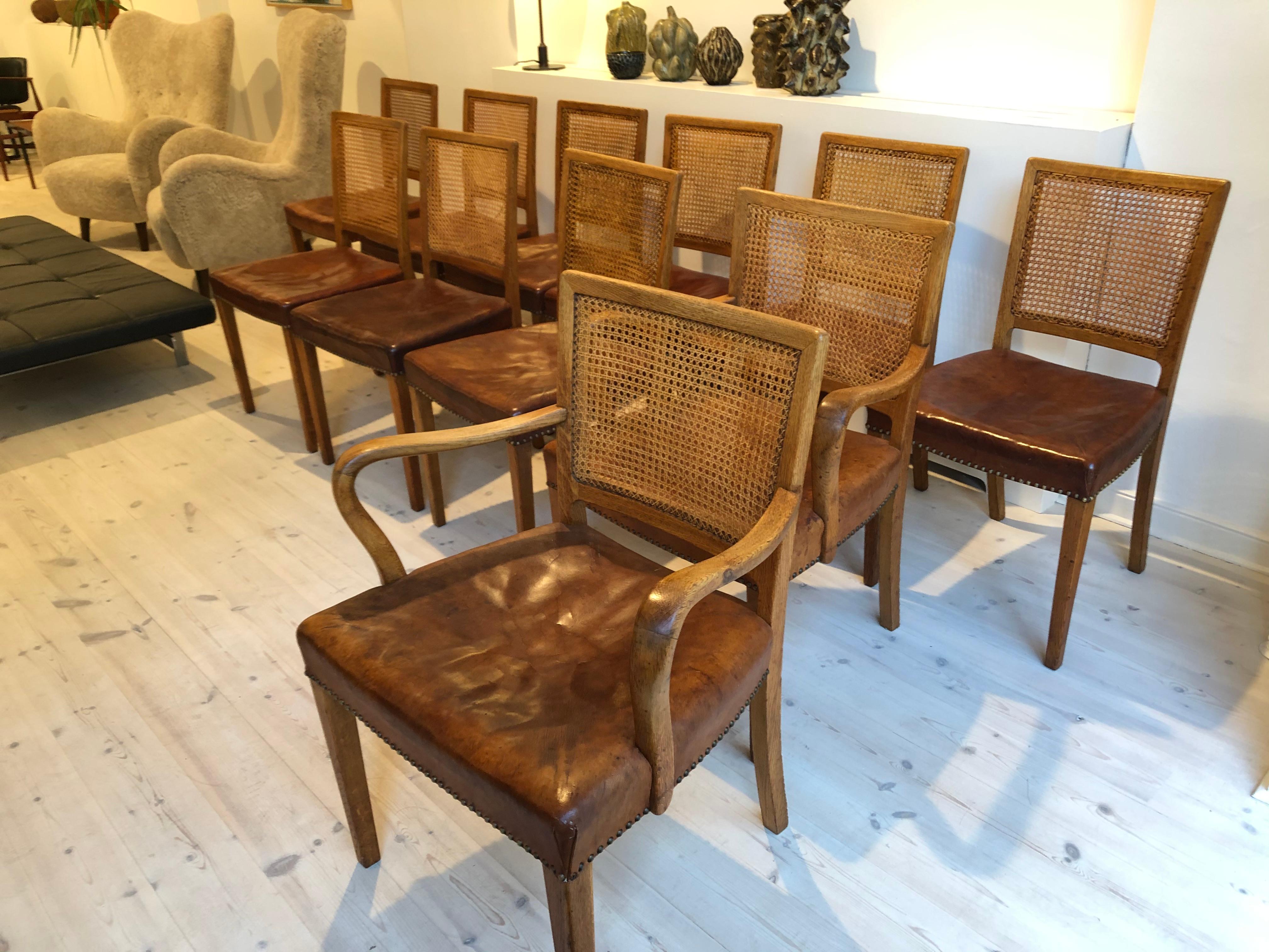 Erik Wørts Set of 12 Dining Chairs in Oak, Cane and Niger Leather, 1945 1