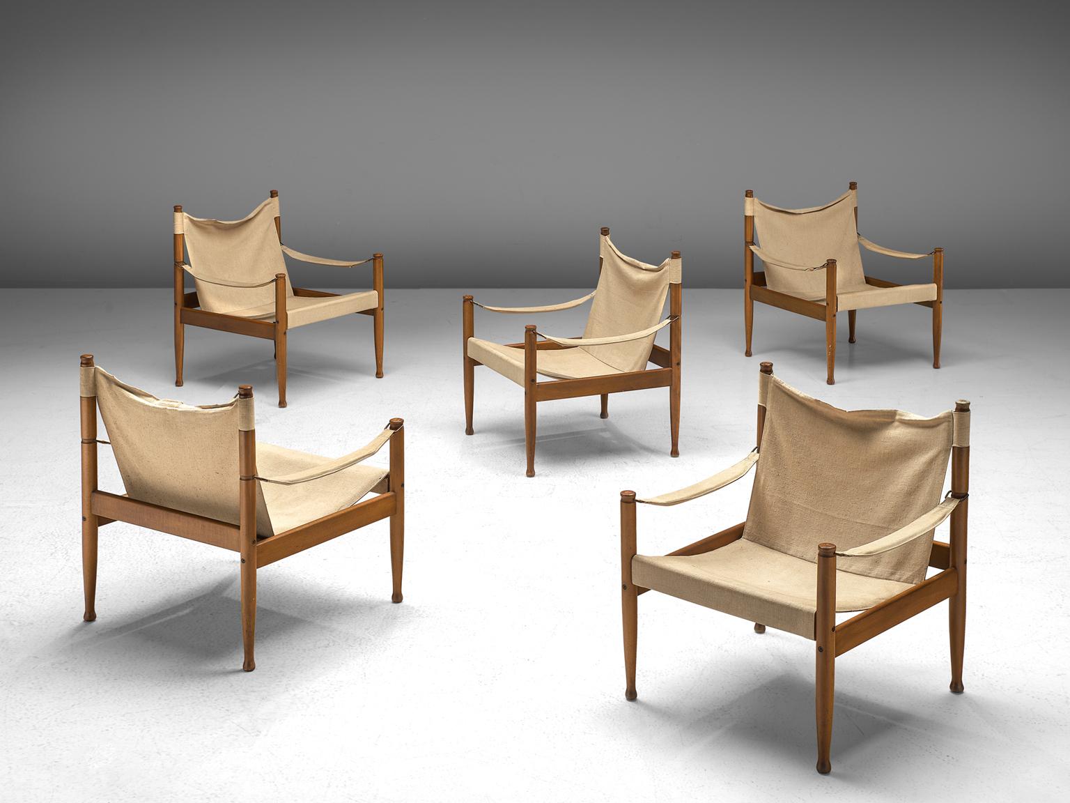Erik Wørts, set of 5 Safari Chairs, oak and canvas, Denmark, 1960's

These sturdy lounge chairs with oak frame are designed by Danish designer Erik Wørts. The canvas seating in combination with the oak frame shows a wonderful contrast. The wooden