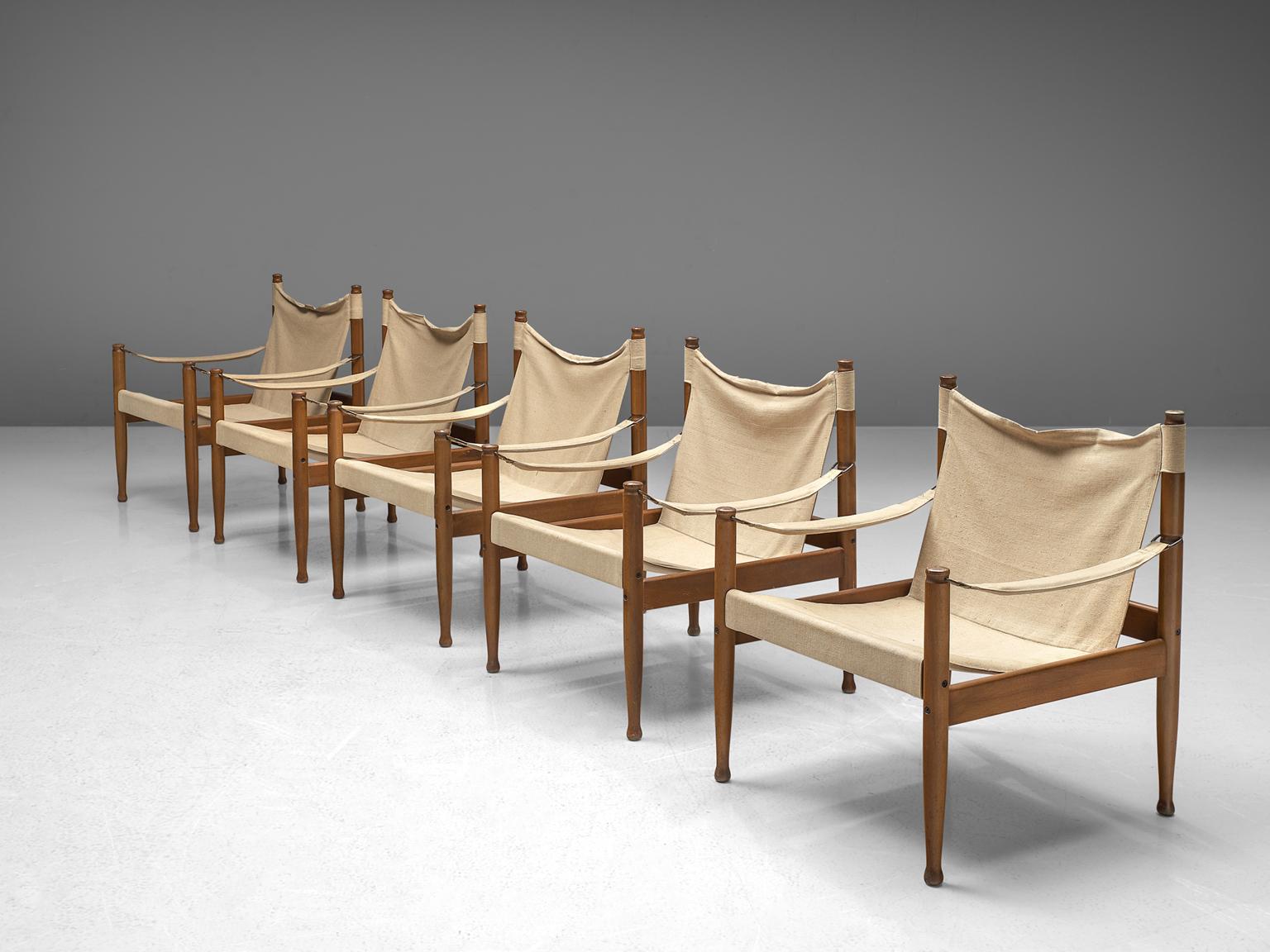 Mid-Century Modern Erik Wørts Set of Five Safari Chairs in Canvas, 1960s.