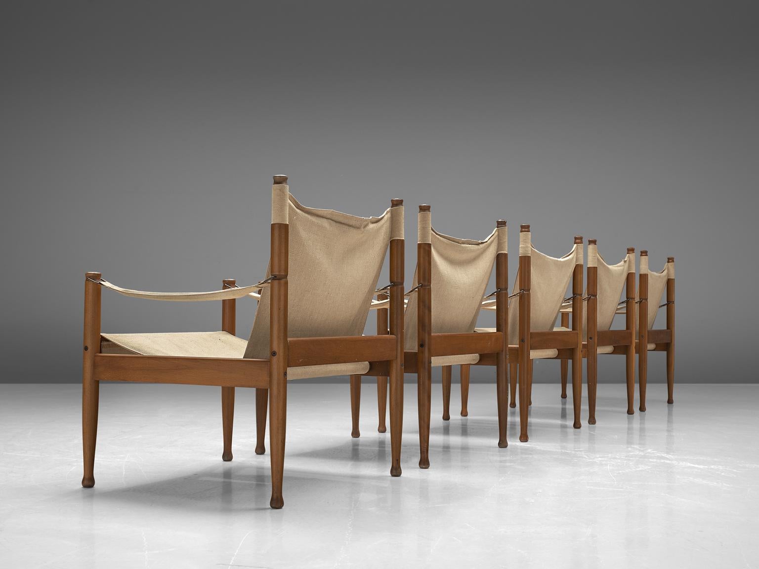 Danish Erik Wørts Set of Five Safari Chairs in Canvas, 1960s.