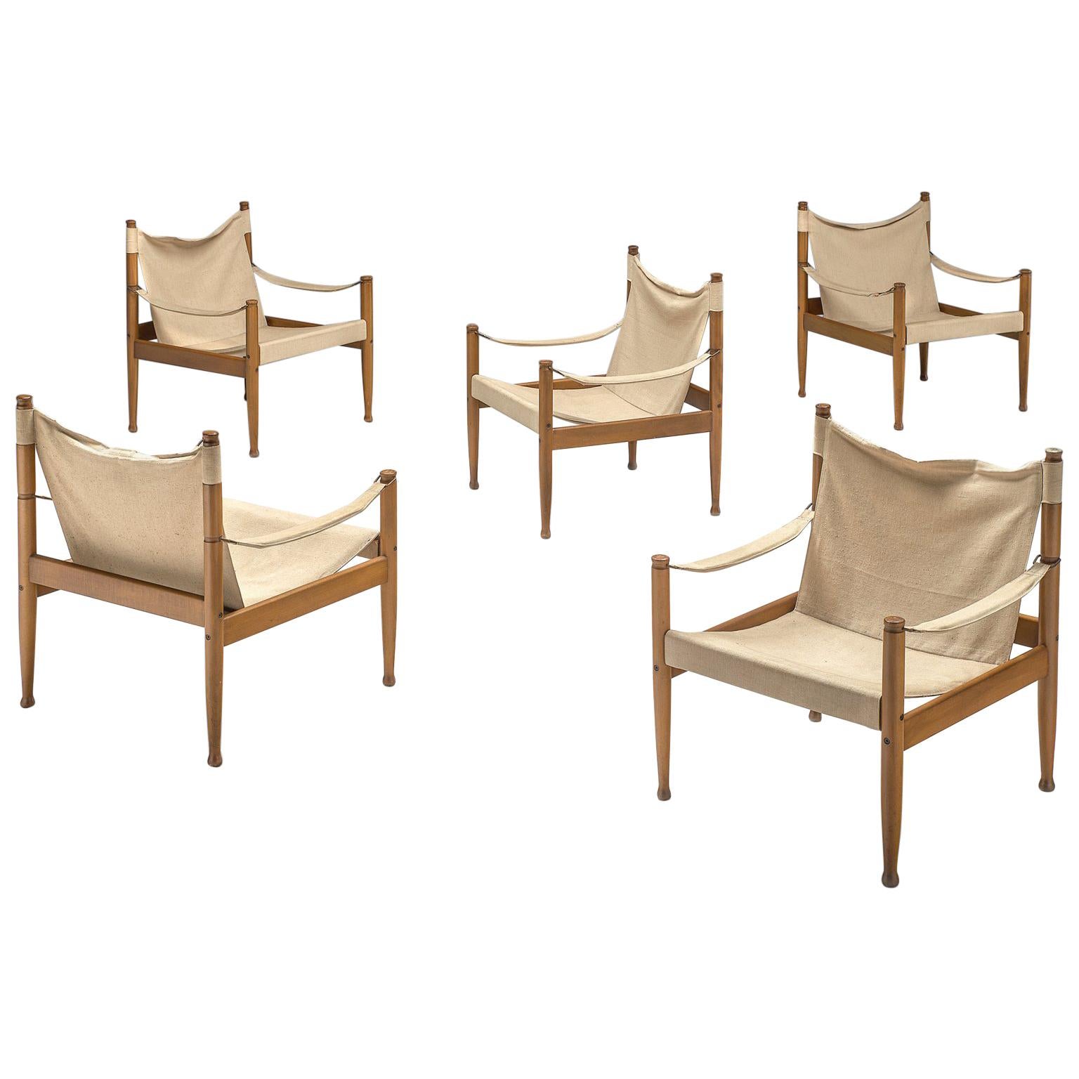 Erik Wørts Set of Five Safari Chairs in Canvas, 1960s.