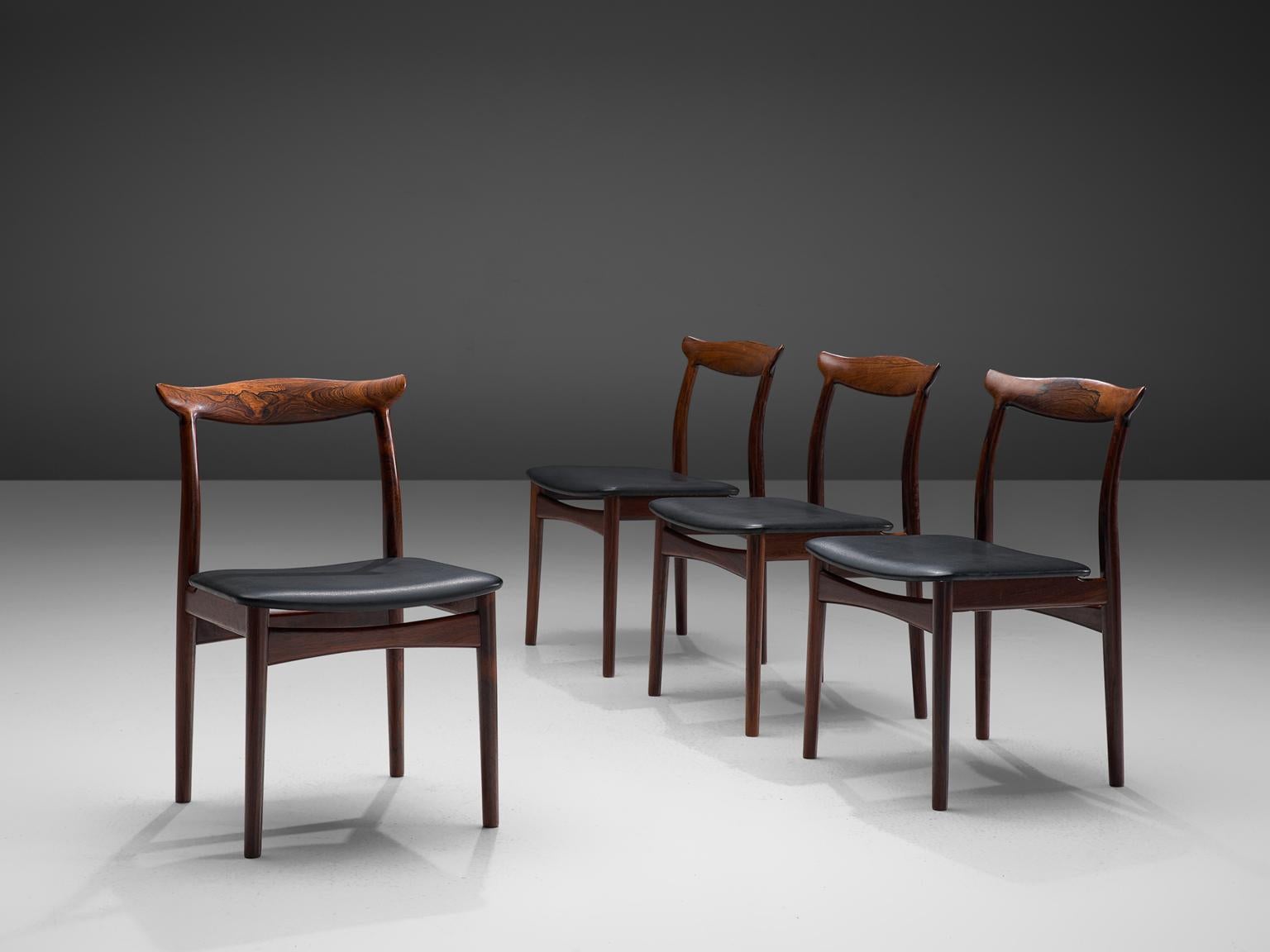 Scandinavian Modern Erik Wørts Set of Four Rosewood Dining Chairs with Black Leather