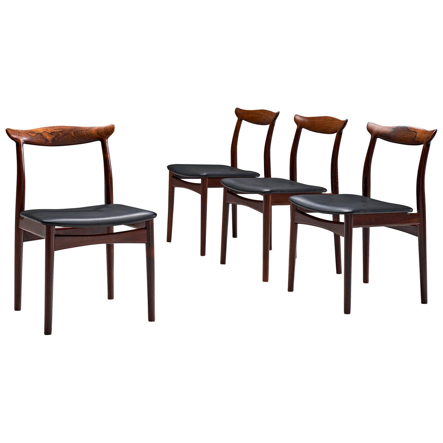 Erik Wørts Set of Four Rosewood Dining Chairs with Black Leather