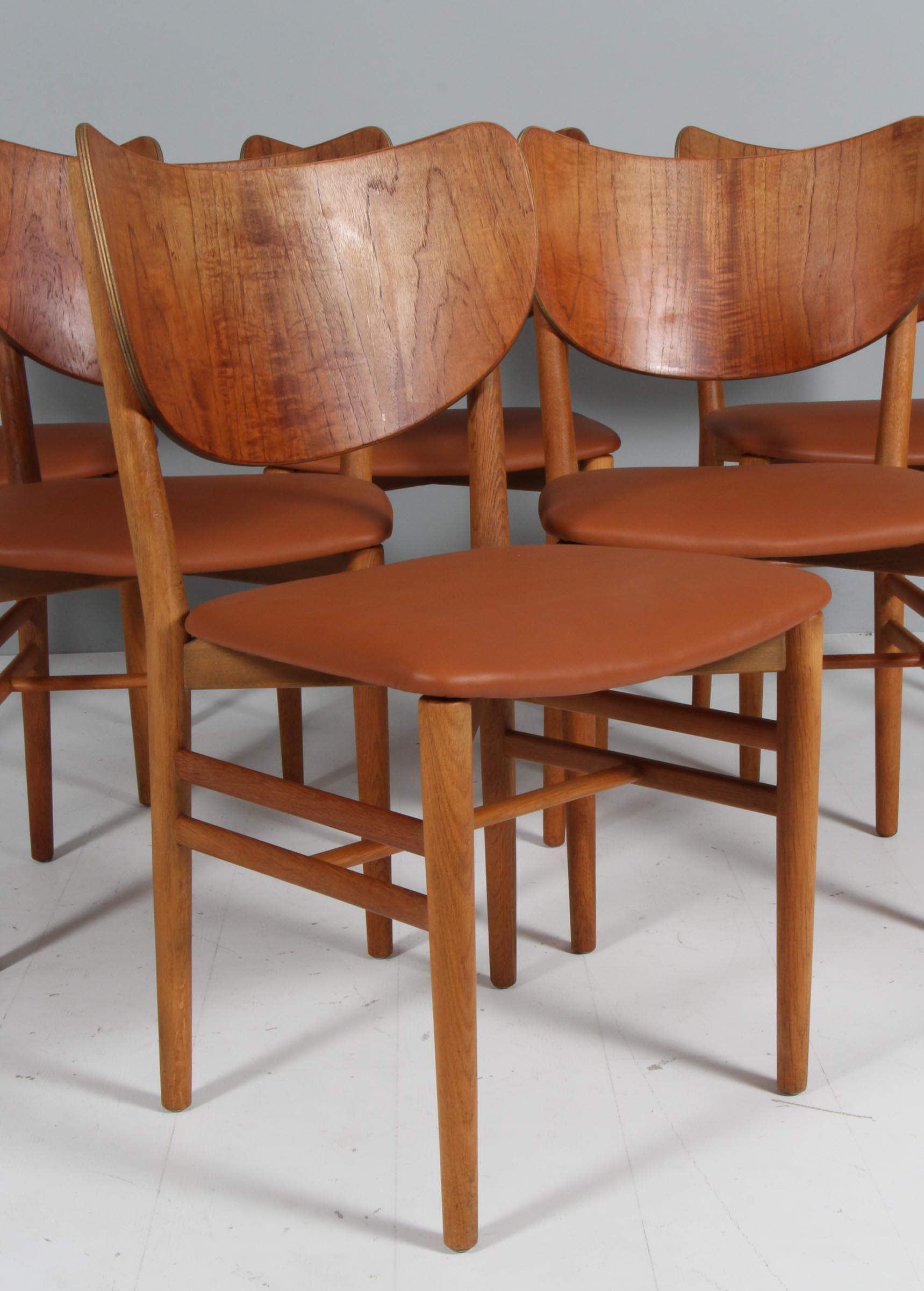 Danish Erik Wørts set of six dining chairs, teak and oak. Denmark 1950s