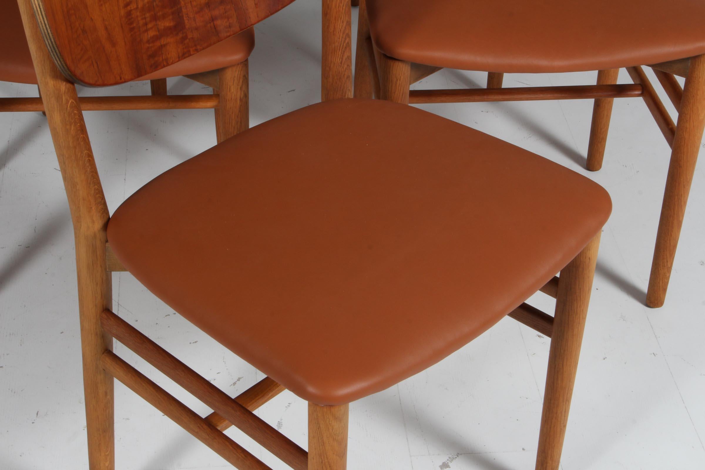 Mid-20th Century Erik Wørts set of six dining chairs, teak and oak. Denmark 1950s