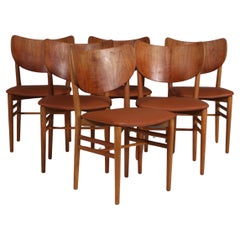 Erik Wørts set of six dining chairs, teak and oak. Denmark 1950s