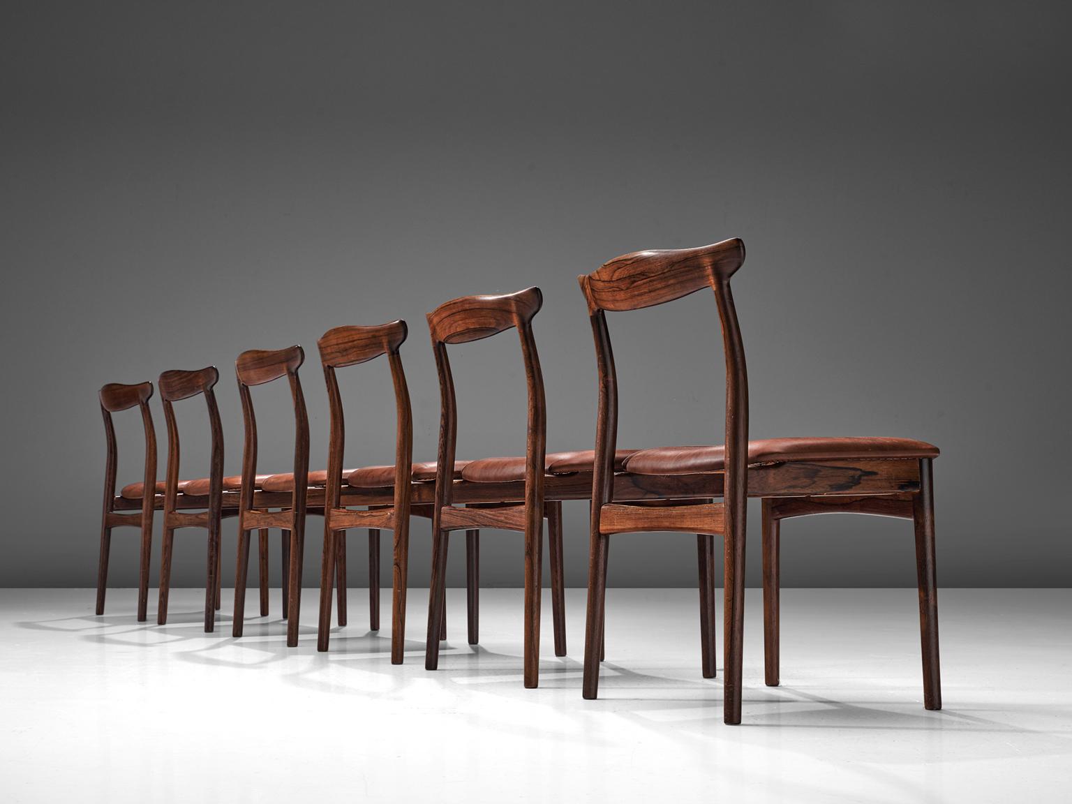 Scandinavian Modern Erik Wørts Set of Six Dining Room Chairs in Rosewood and Leather