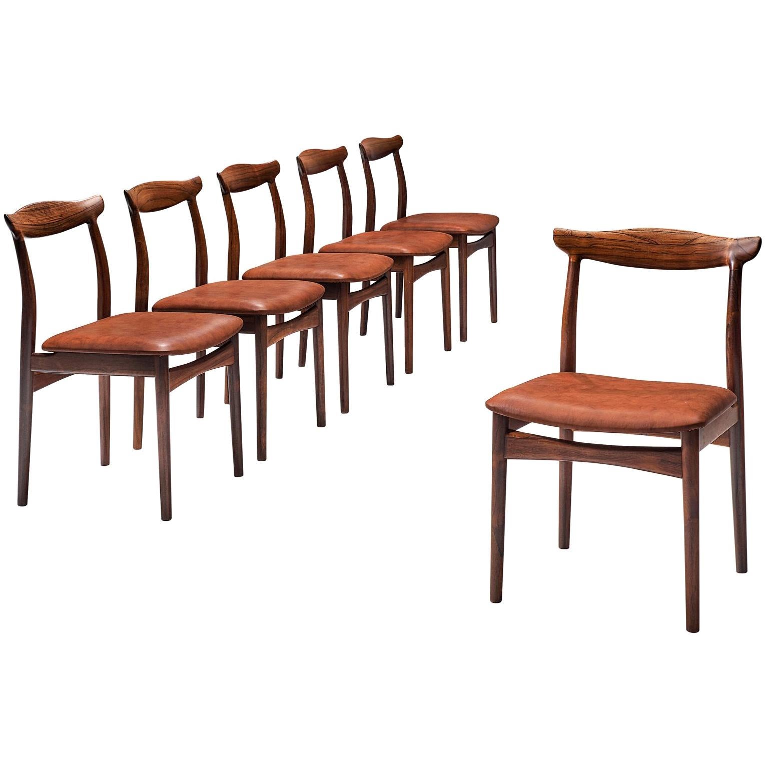 Erik Wørts Set of Six Dining Room Chairs in Rosewood and Leather