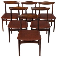Erik Wørts Set of Six Dining Room Chairs in Rosewood and New Brown Leather